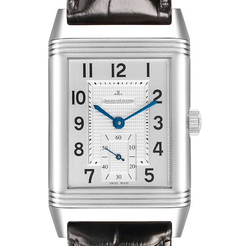 The Jaeger-LeCoultre Reverso watch is shown from the front, highlighting the face, hands, and crown.