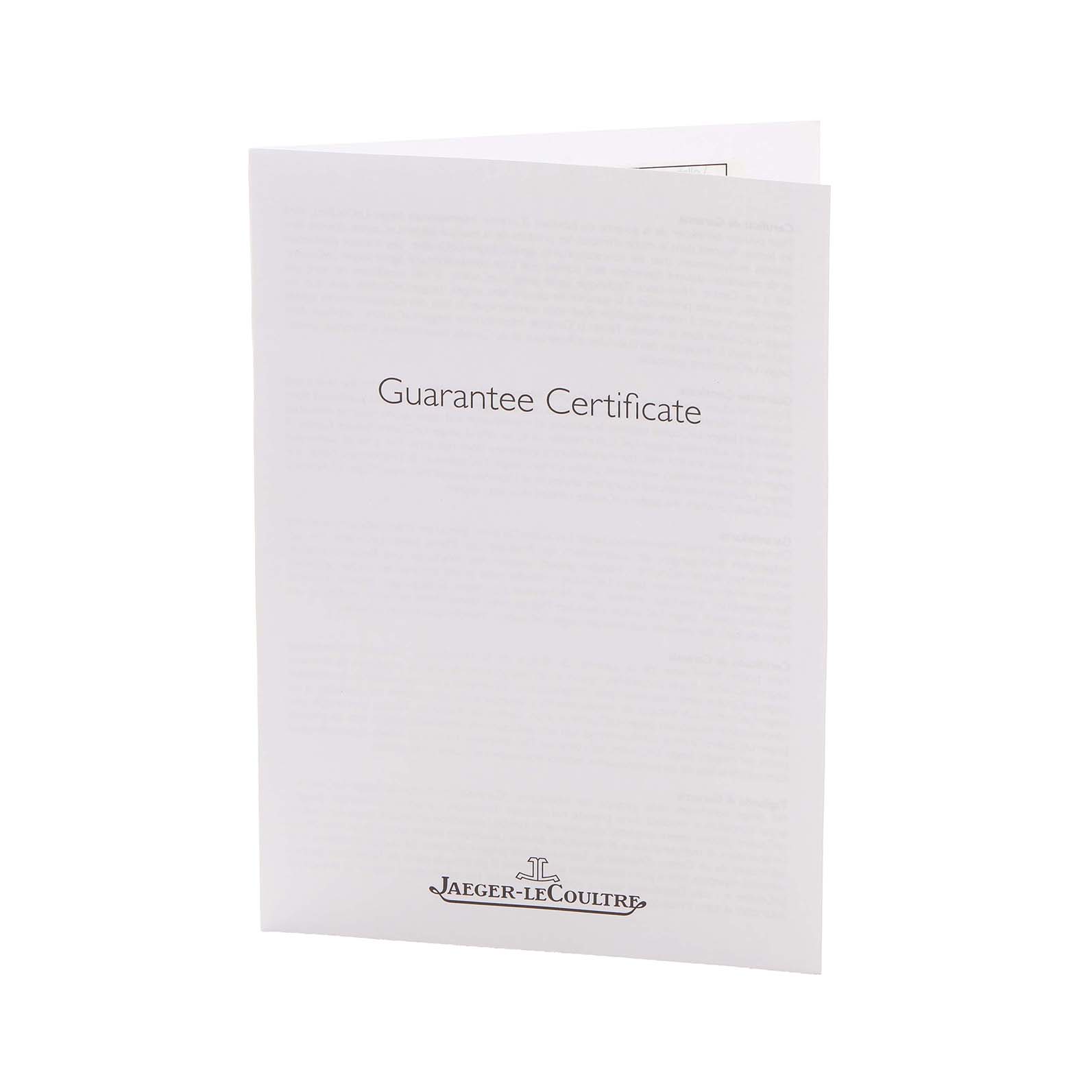The image shows the Guarantee Certificate for a Jaeger LeCoultre Reverso Q3738420 / 273.8.04 Men's Stainless Steel Silver Dial watch, displaying its front side.