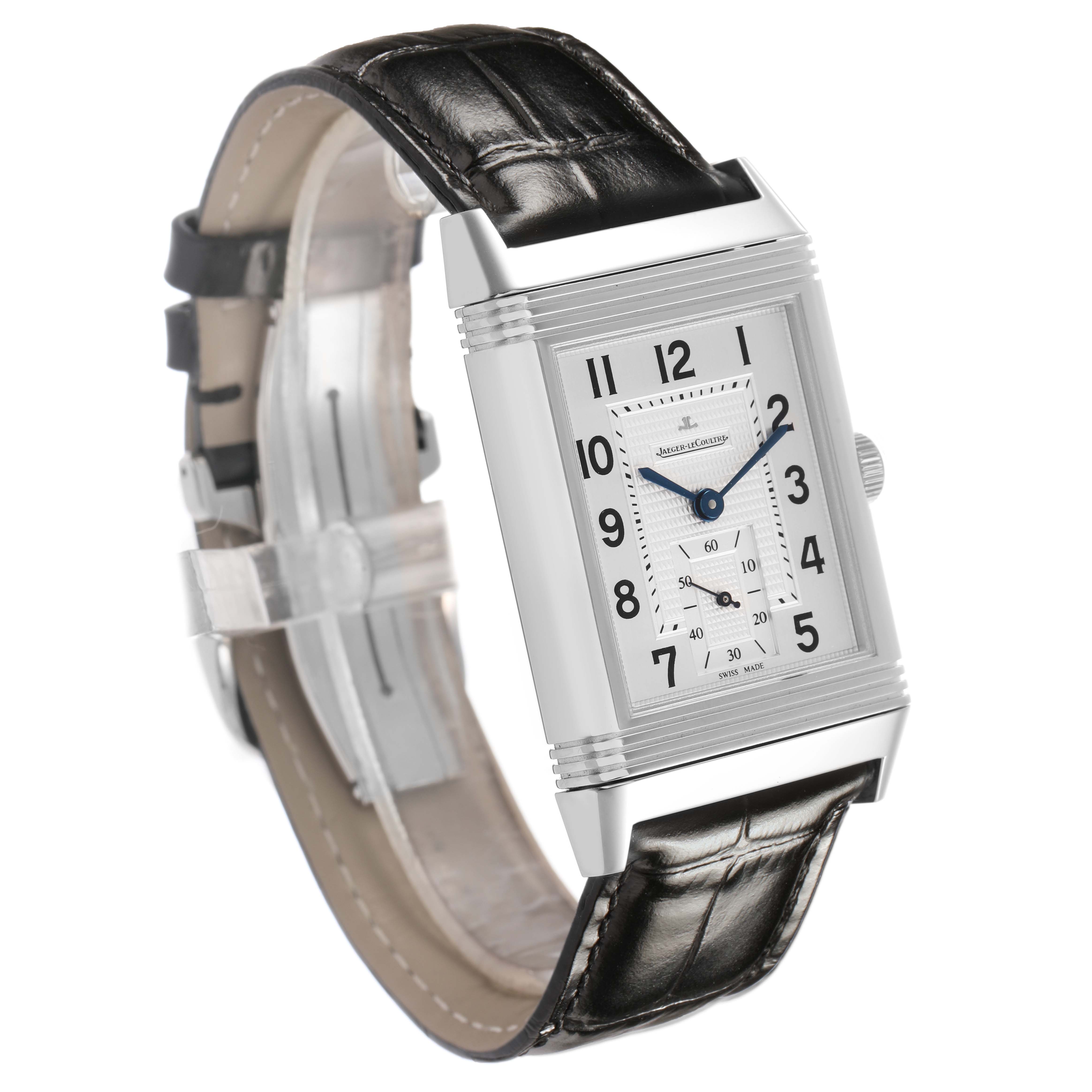 The Jaeger-LeCoultre Reverso watch is shown at a slight angle, highlighting the face, case, strap, and crown.