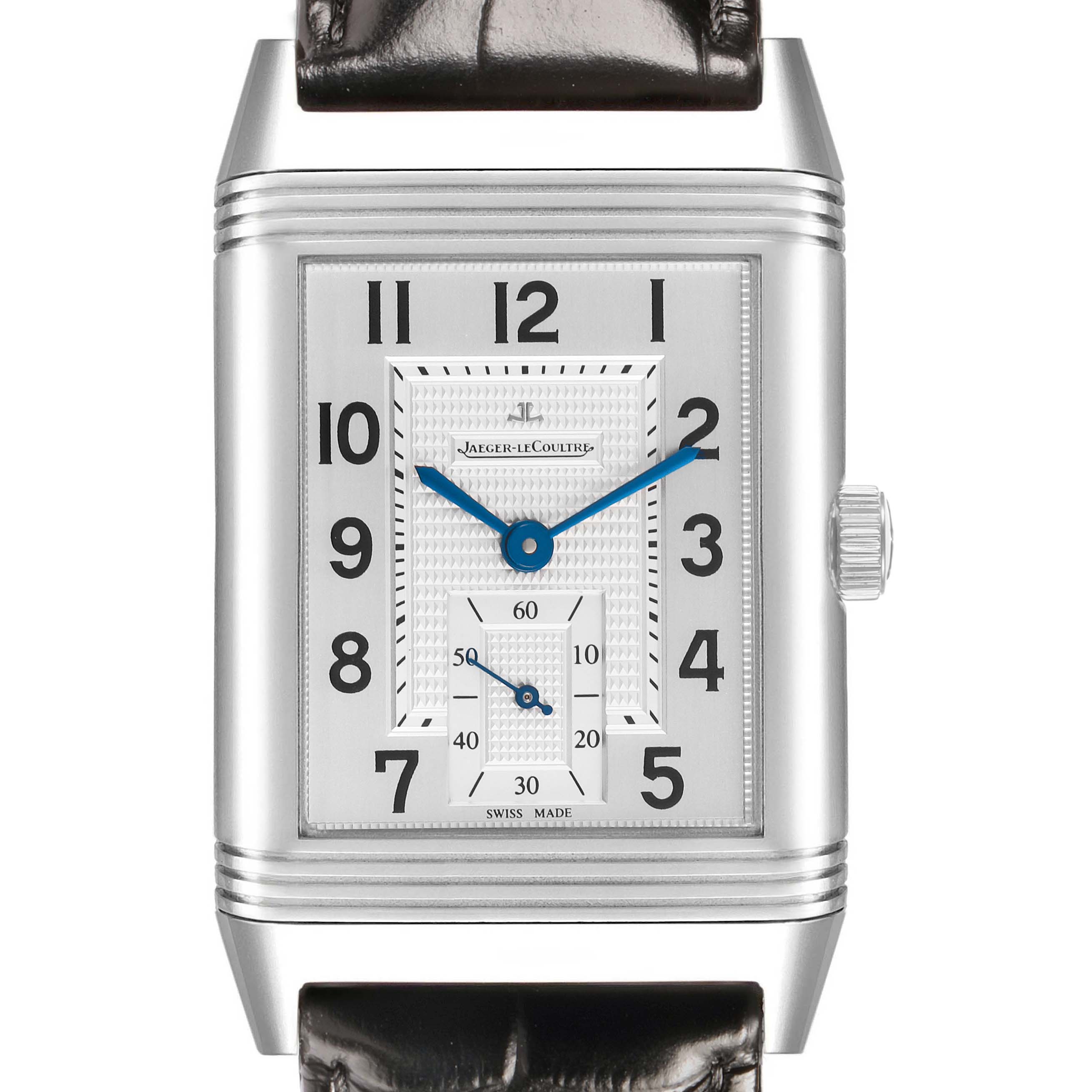 The Jaeger LeCoultre Reverso Q3738420 / 273.8.04 Men's Stainless Steel Silver Dial watch is shown from the front, displaying the dial, bezel, and crown, along with part of the strap.