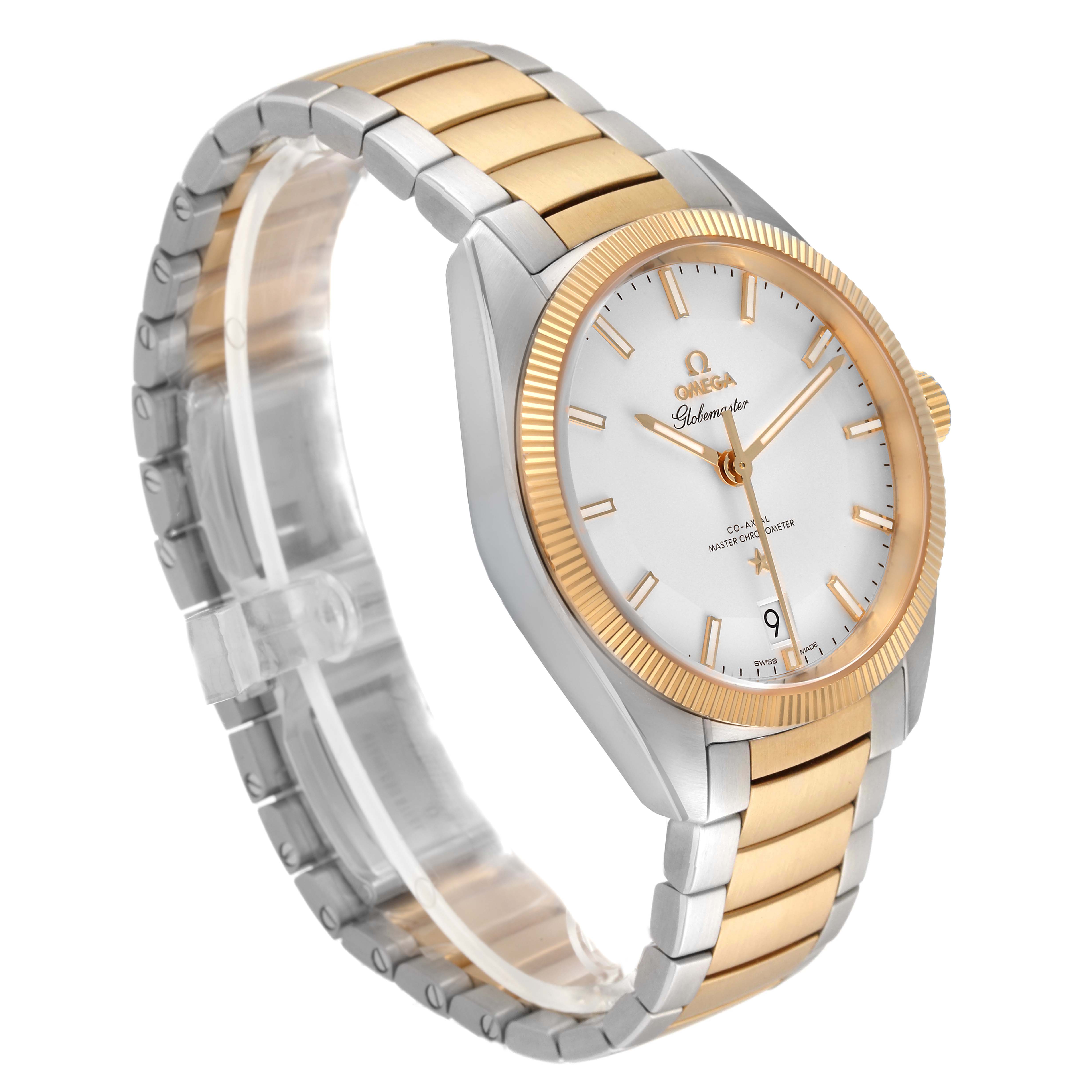 The Omega Constellation 130.20.39.21.02.001 Men's Stainless Steel Silver Dial watch is shown at a three-quarter angle, highlighting the dial, bezel, and two-tone bracelet.