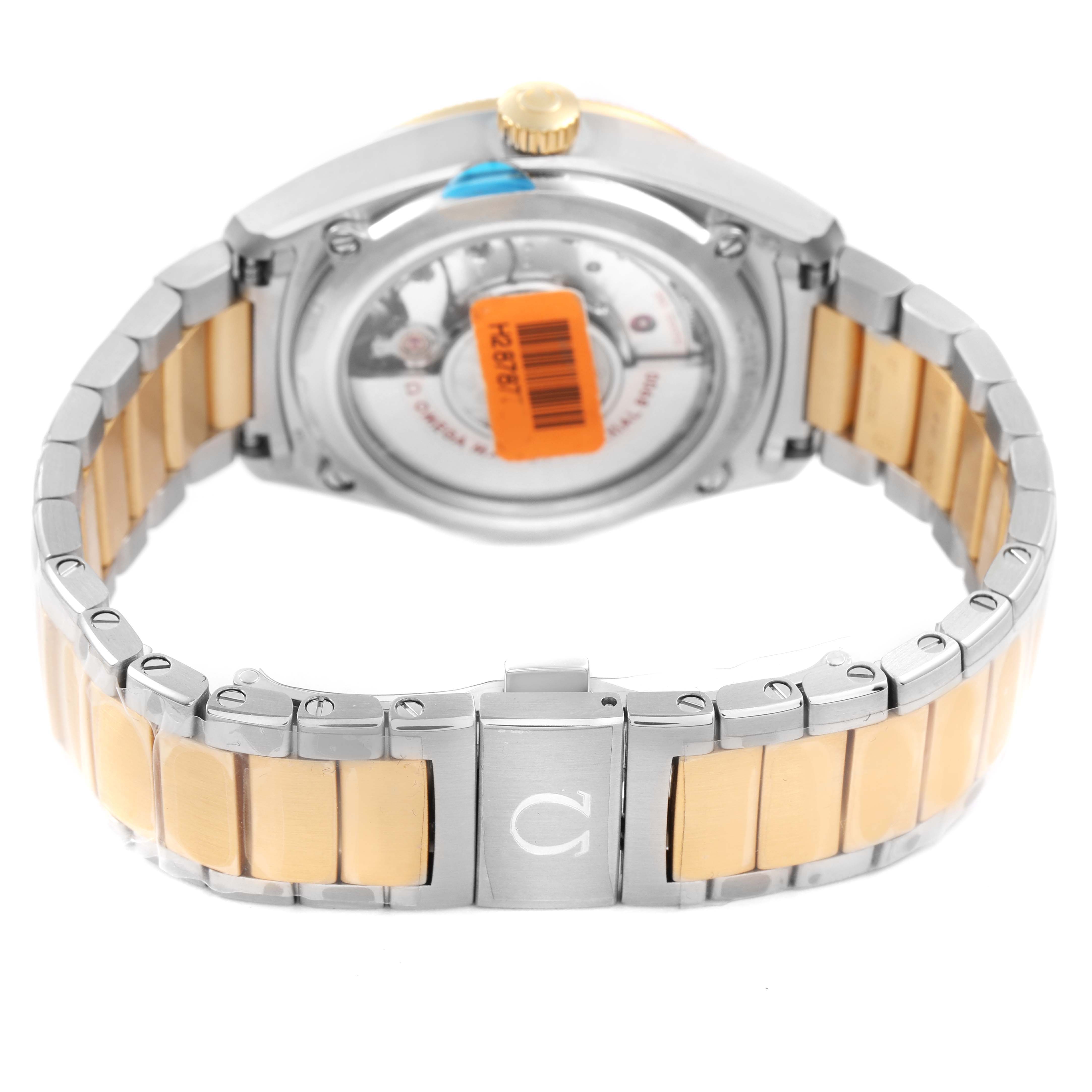 The Omega Constellation 130.20.39.21.02.001 Men's Stainless Steel Silver Dial watch is shown from the back, displaying the case back, bracelet, and clasp.