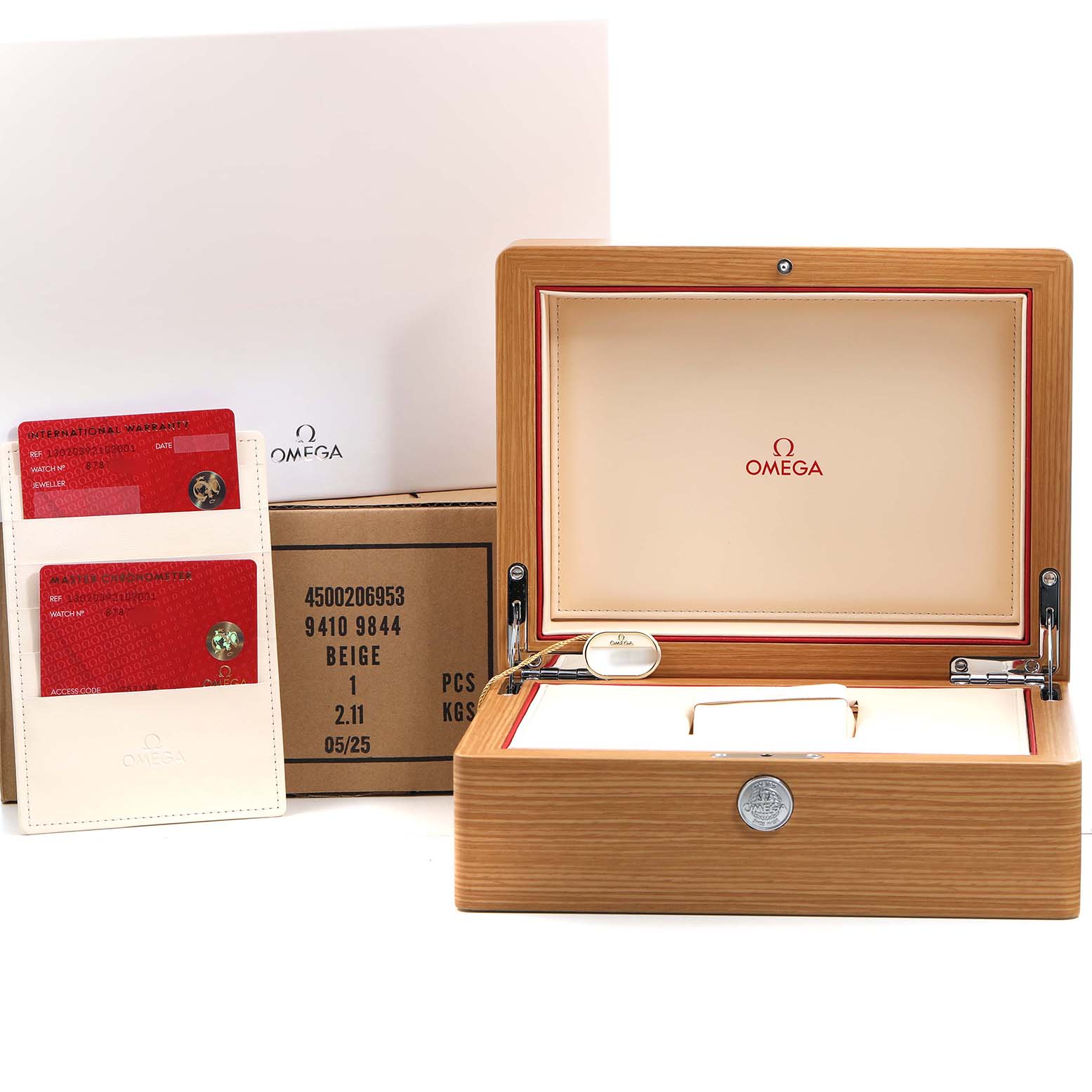 The image shows the Omega Constellation 130.20.39.21.02.001 Men's Stainless Steel Silver Dial watch box, open with accessories, and cards in a holder on the left.