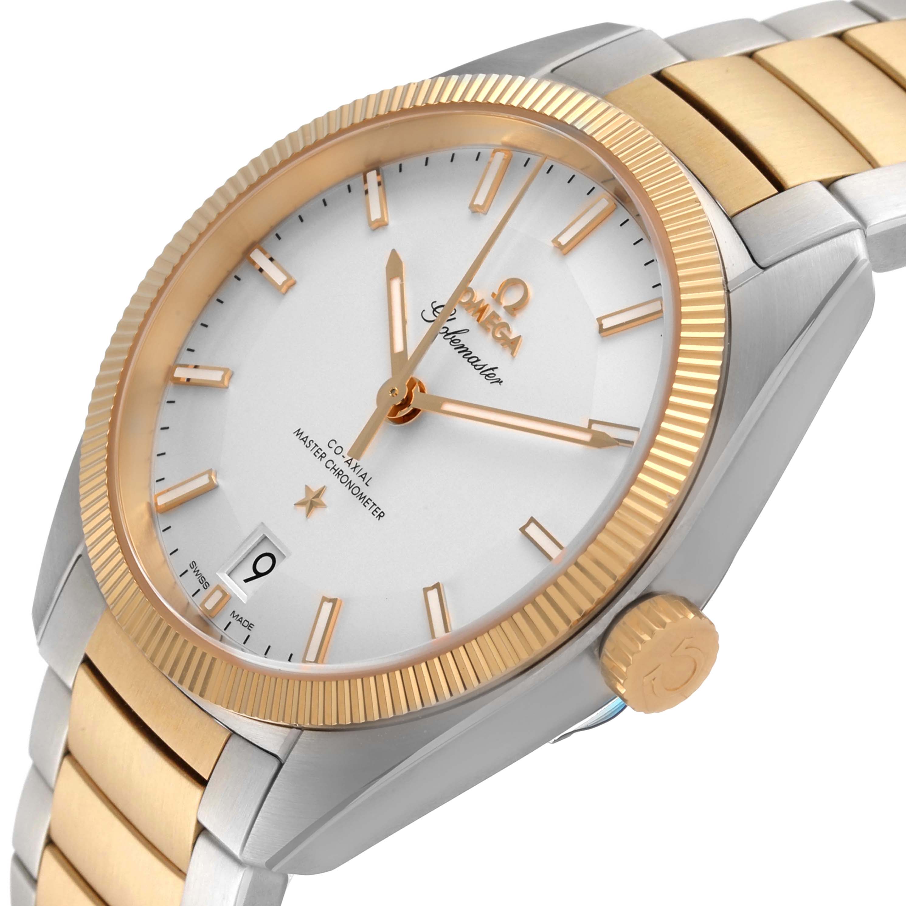 The Omega Constellation 130.20.39.21.02.001 Men's Stainless Steel Silver Dial watch is shown at a three-quarter angle, highlighting the bezel, dial, hands, and date window.