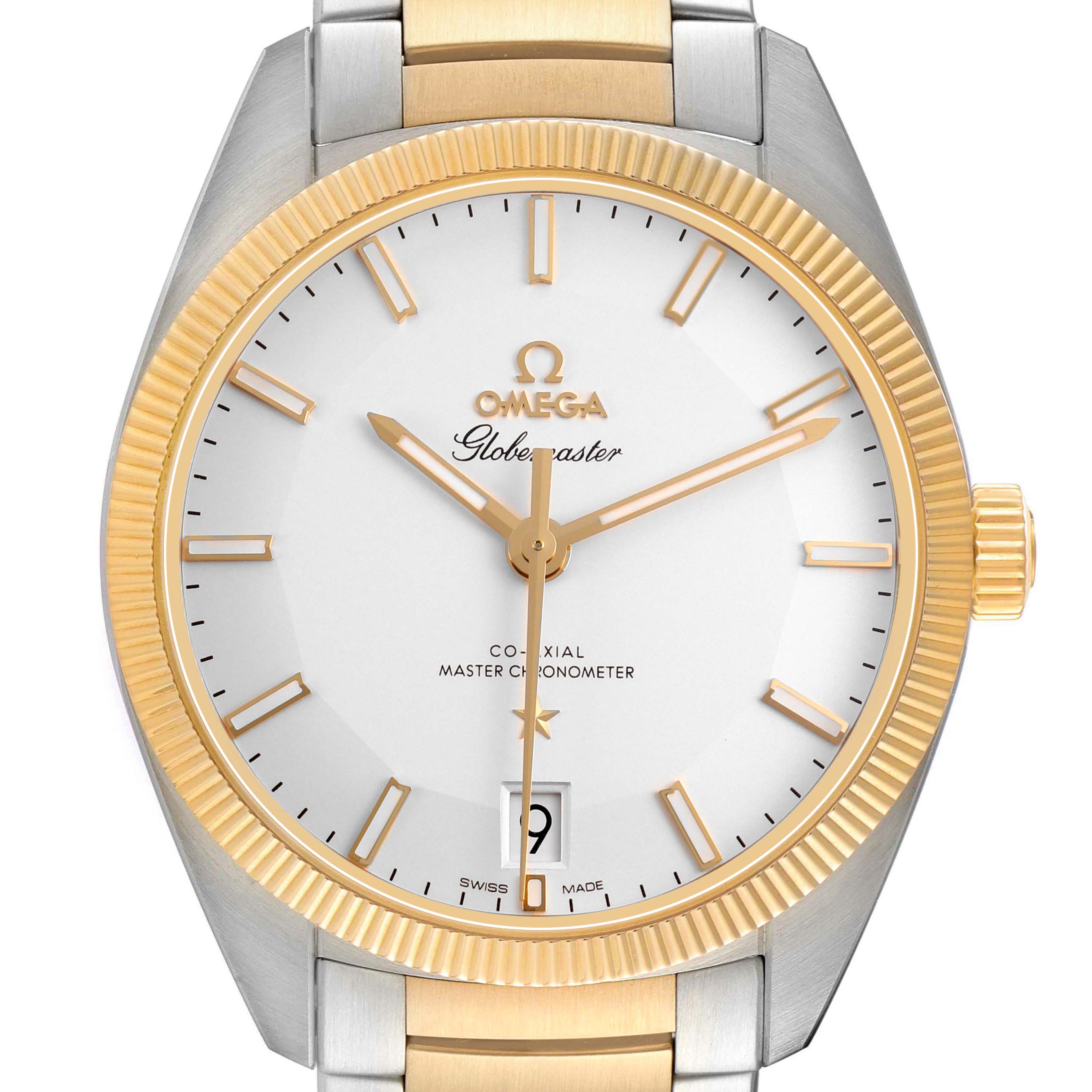 The image shows a frontal view of the Omega Constellation 130.20.39.21.02.001 Men's Stainless Steel Silver Dial's dial and bezel, highlighting its gold accents and date window.