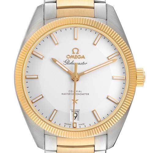 The Omega Constellation 130.20.39.21.02.001 Men's Stainless Steel Silver Dial watch is shown from the front, highlighting its dial, bezel, and stainless steel and gold bracelet.