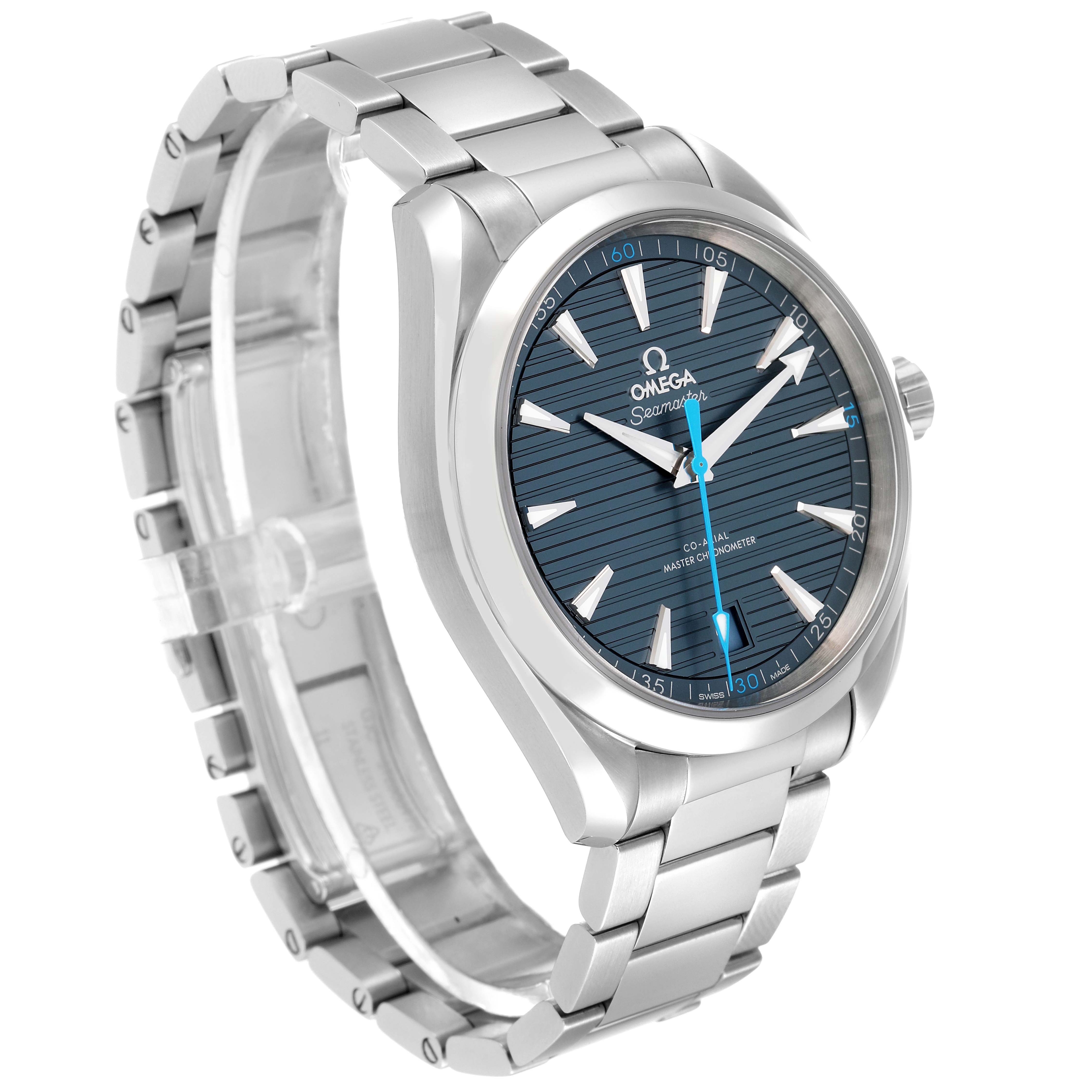The Omega Aqua Terra 220.10.41.21.03.002 Men's Stainless Steel Blue Dial 220.10.41.21.03.002 Men's Stainless Steel Blue Dial watch is shown at a slight angle, highlighting the face, bezel, crown, and metal bracelet.