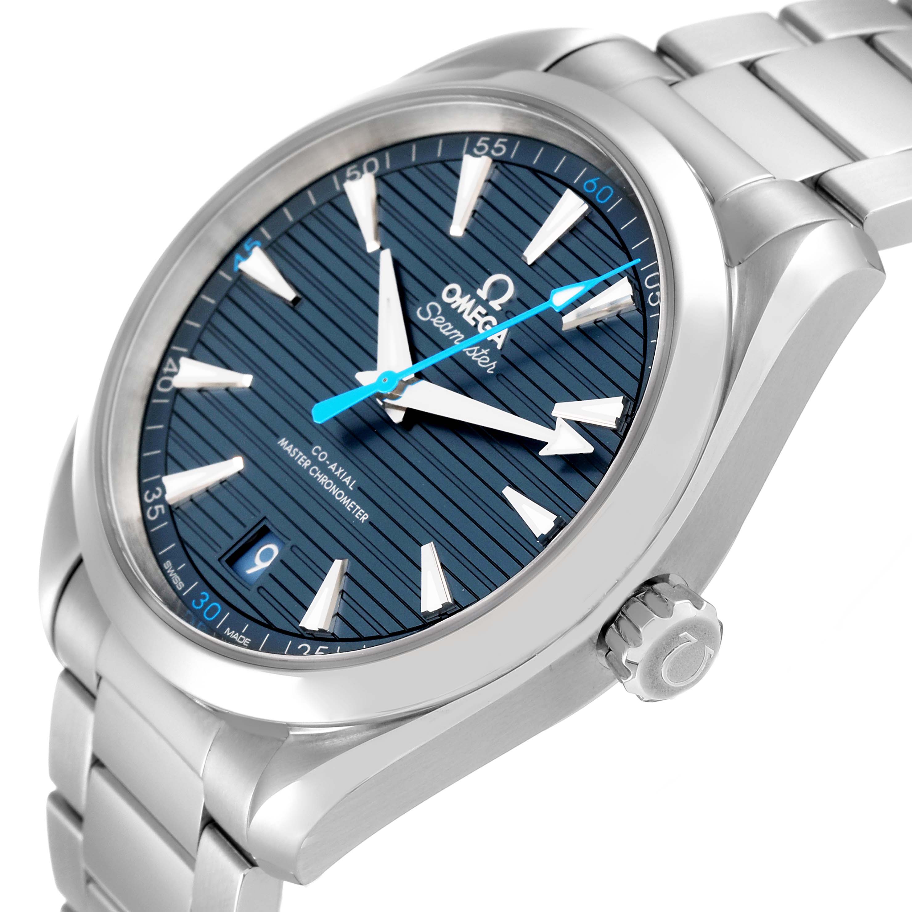 This image shows an angled view of the Omega Aqua Terra 220.10.41.21.03.002 Men's Stainless Steel Blue Dial 220.10.41.21.03.002 Men's Stainless Steel Blue Dial watch, highlighting the dial, bezel, bracelet, and crown.