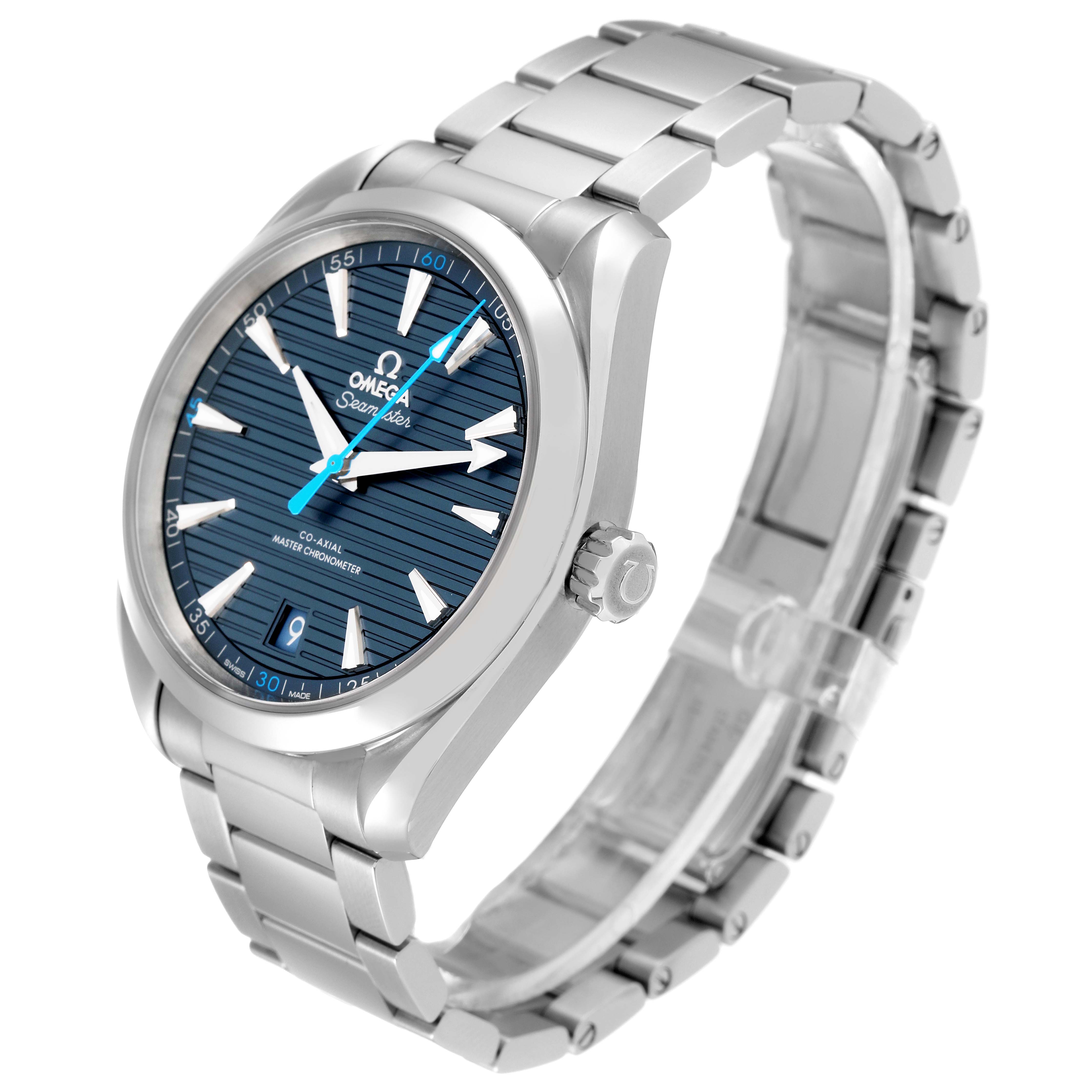 The Omega Aqua Terra 220.10.41.21.03.002 Men's Stainless Steel Blue Dial 220.10.41.21.03.002 Men's Stainless Steel Blue Dial watch is shown angled to highlight its face, bezel, crown, and bracelet.