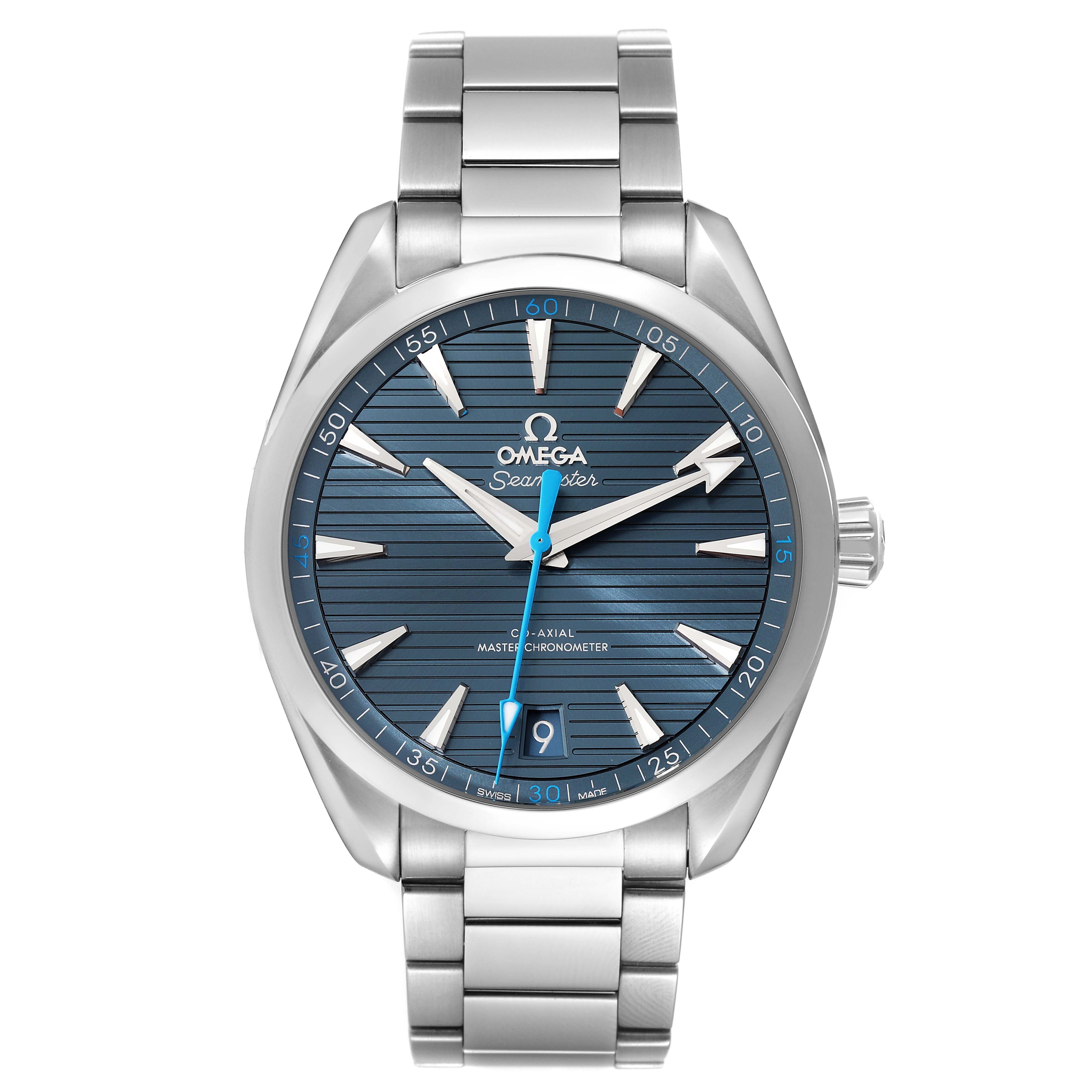 Front view of the Omega Aqua Terra 220.10.41.21.03.002 Men's Stainless Steel Blue Dial 220.10.41.21.03.002 Men's Stainless Steel Blue Dial watch, showcasing its face, hands, markers, date window, and bracelet.