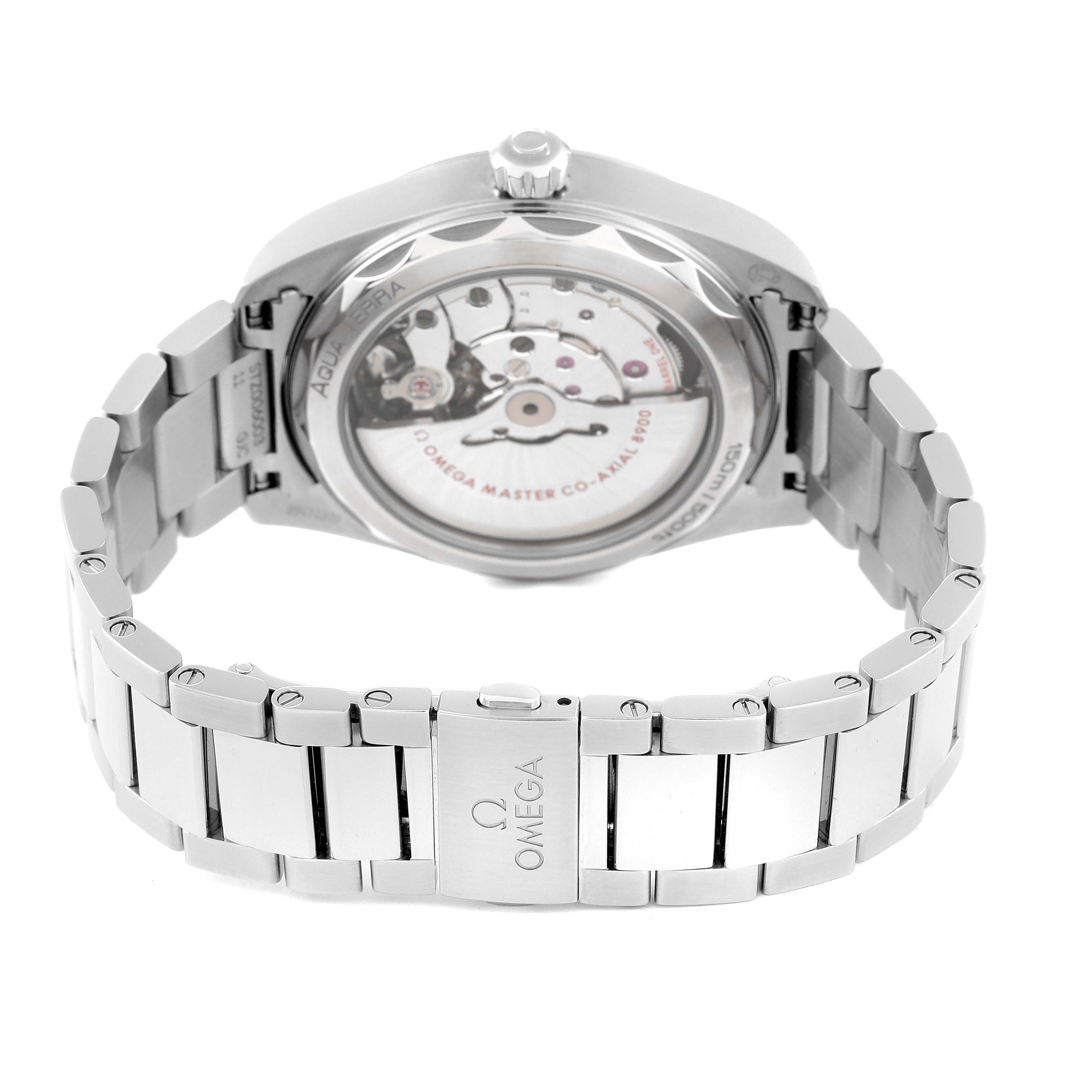 The image shows the back view of the Omega Aqua Terra 220.10.41.21.03.002 Men's Stainless Steel Blue Dial 220.10.41.21.03.002 Men's Stainless Steel Blue Dial watch, highlighting its movement and bracelet.