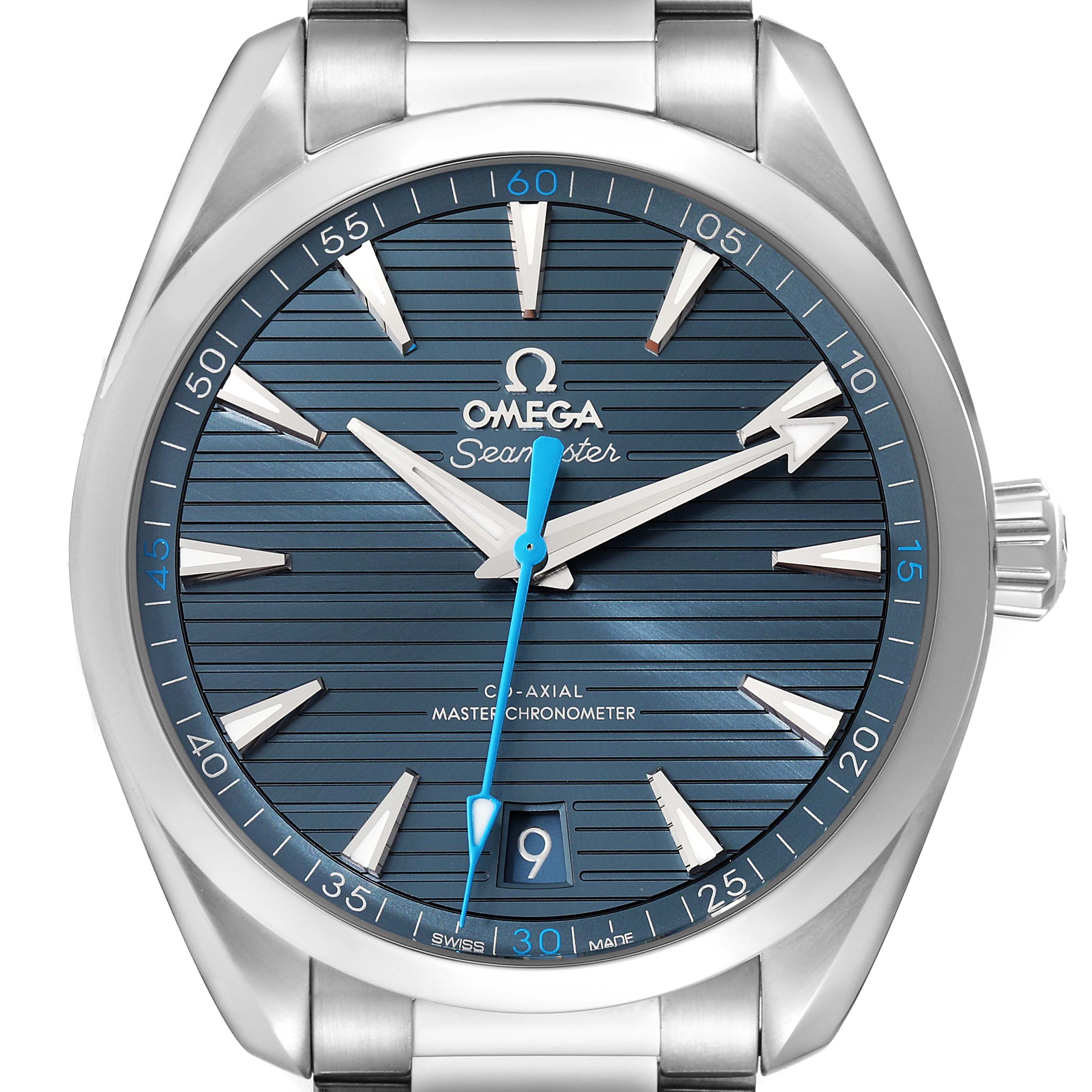 This image shows a front view of the Omega Seamaster Aqua Terra watch's face, displaying its hands, markers, and date window.