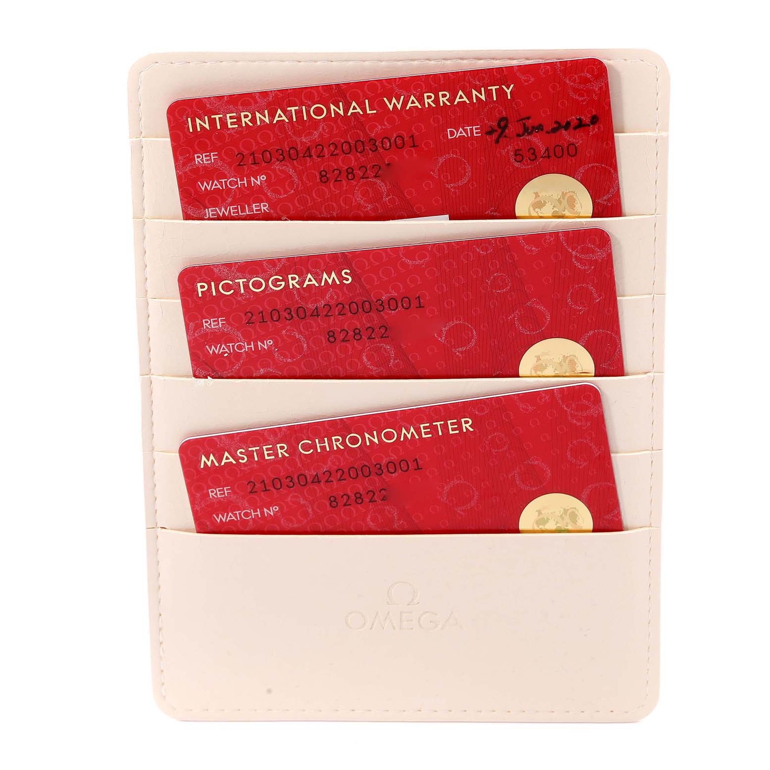 The image shows international warranty, pictograms, and master chronometer cards for an Omega Seamaster 210.30.42.20.03.001 Men's Stainless Steel Blue Dial 210.30.42.20.03.001 Men's Stainless Steel Blue Dial watch in a holder.