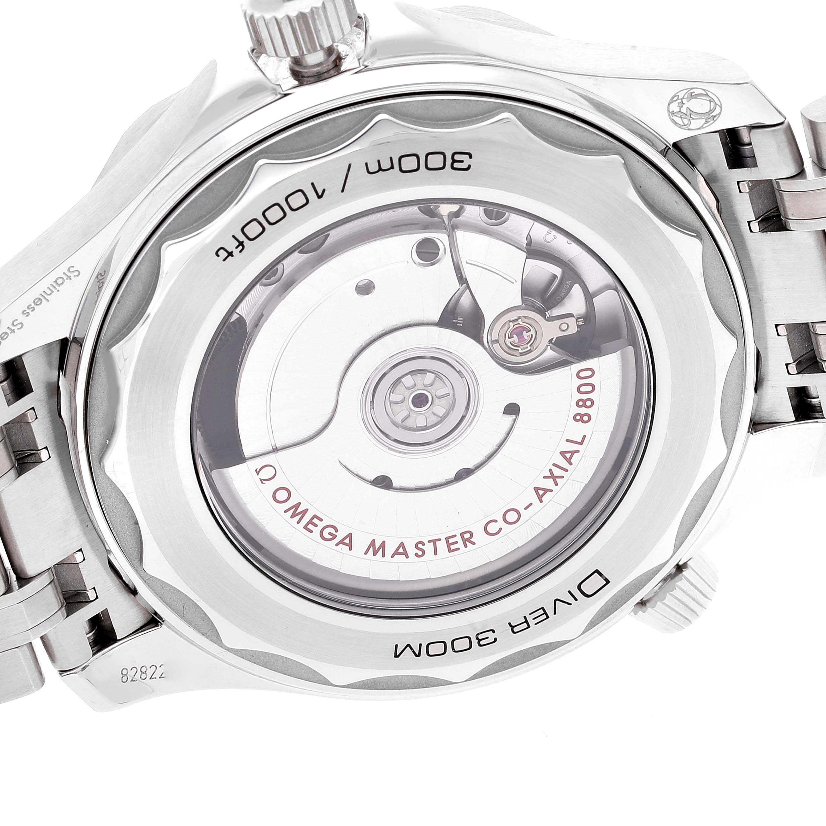 The image shows the backside of an Omega Seamaster 210.30.42.20.03.001 Men's Stainless Steel Blue Dial 210.30.42.20.03.001 Men's Stainless Steel Blue Dial watch, focusing on the visible movement and engraving details.