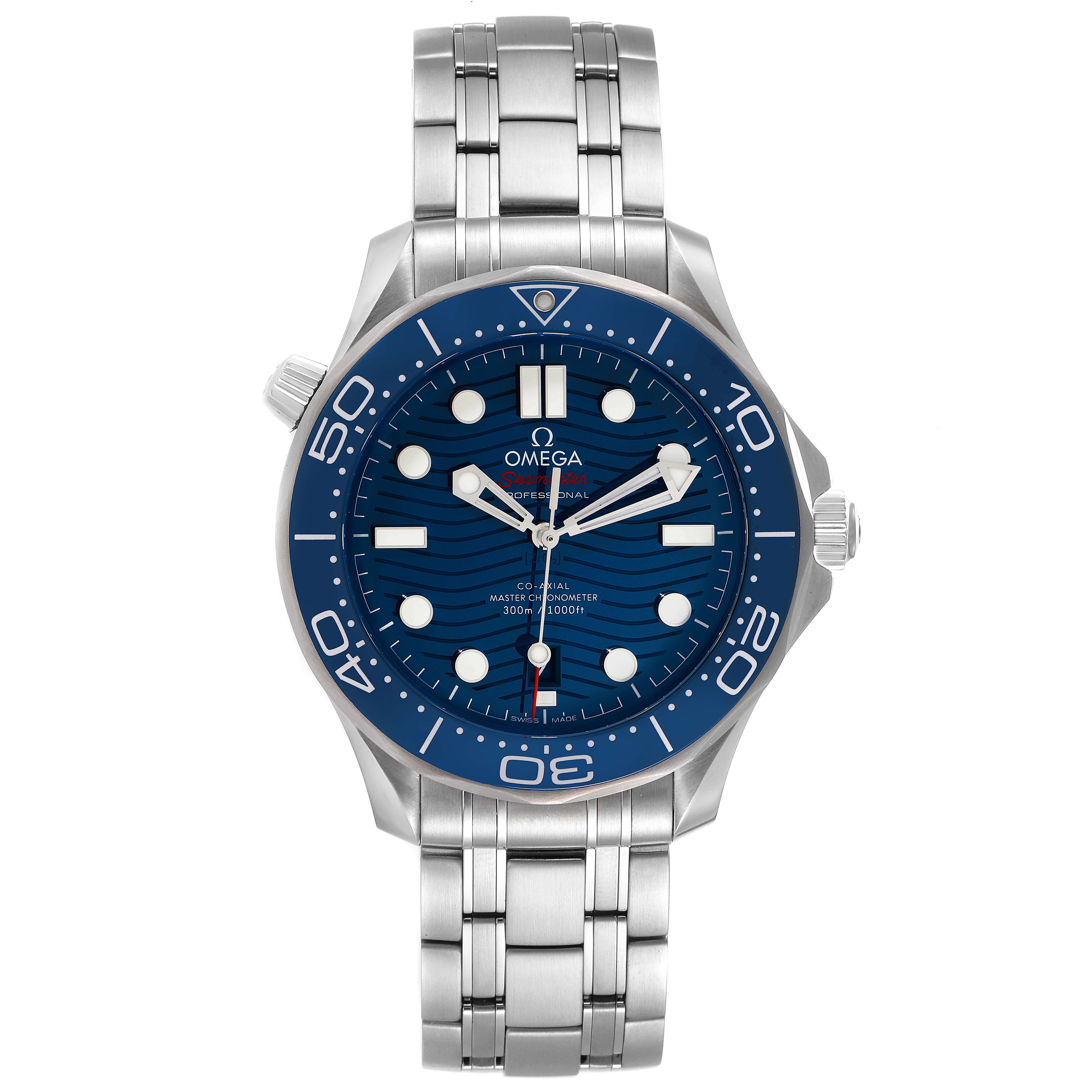 The image shows a frontal view of the Omega Seamaster 210.30.42.20.03.001 Men's Stainless Steel Blue Dial 210.30.42.20.03.001 Men's Stainless Steel Blue Dial watch, displaying its dial, hands, and stainless steel bracelet.