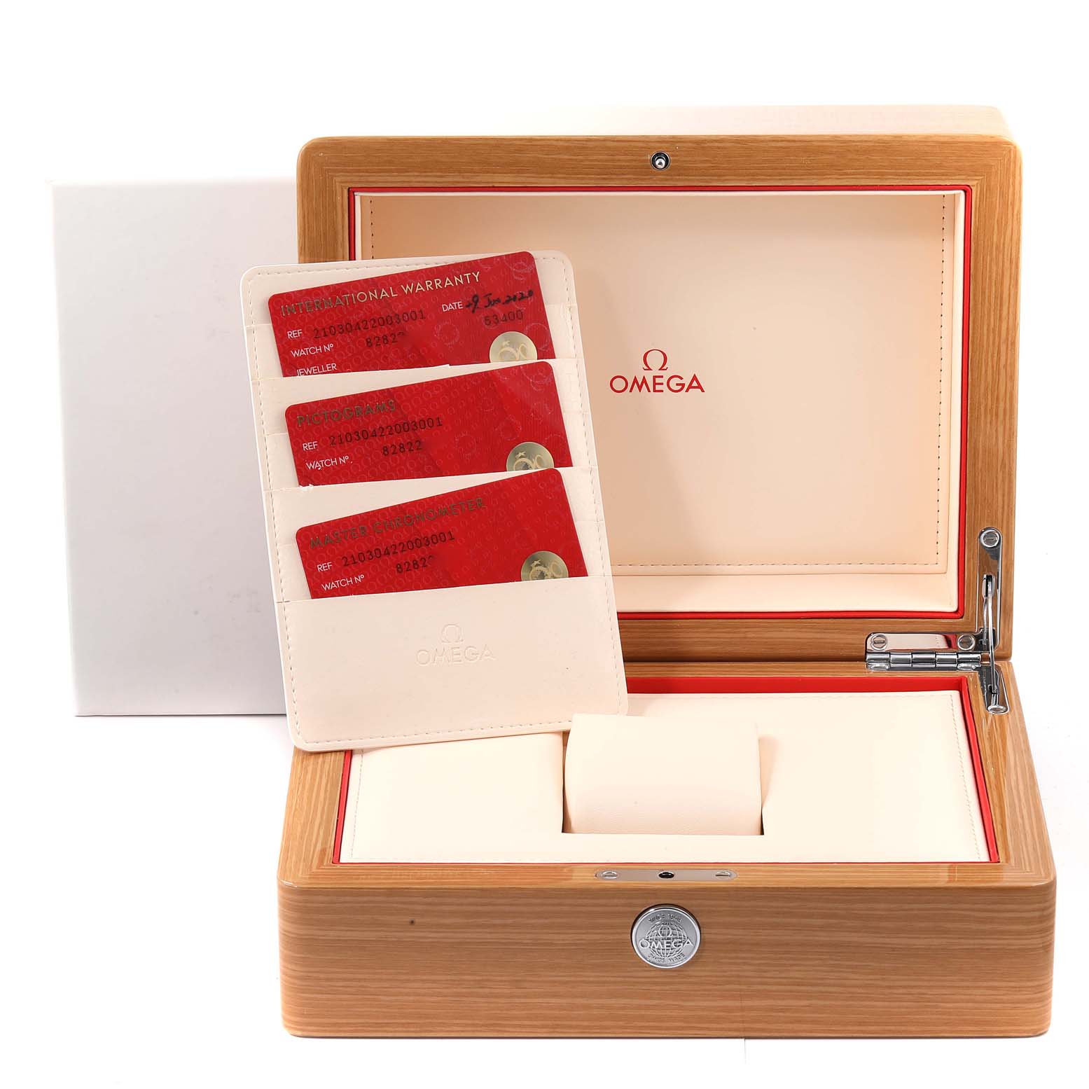 The image shows the open wooden box of an Omega Seamaster 210.30.42.20.03.001 Men's Stainless Steel Blue Dial 210.30.42.20.03.001 Men's Stainless Steel Blue Dial watch with warranty cards displayed inside.