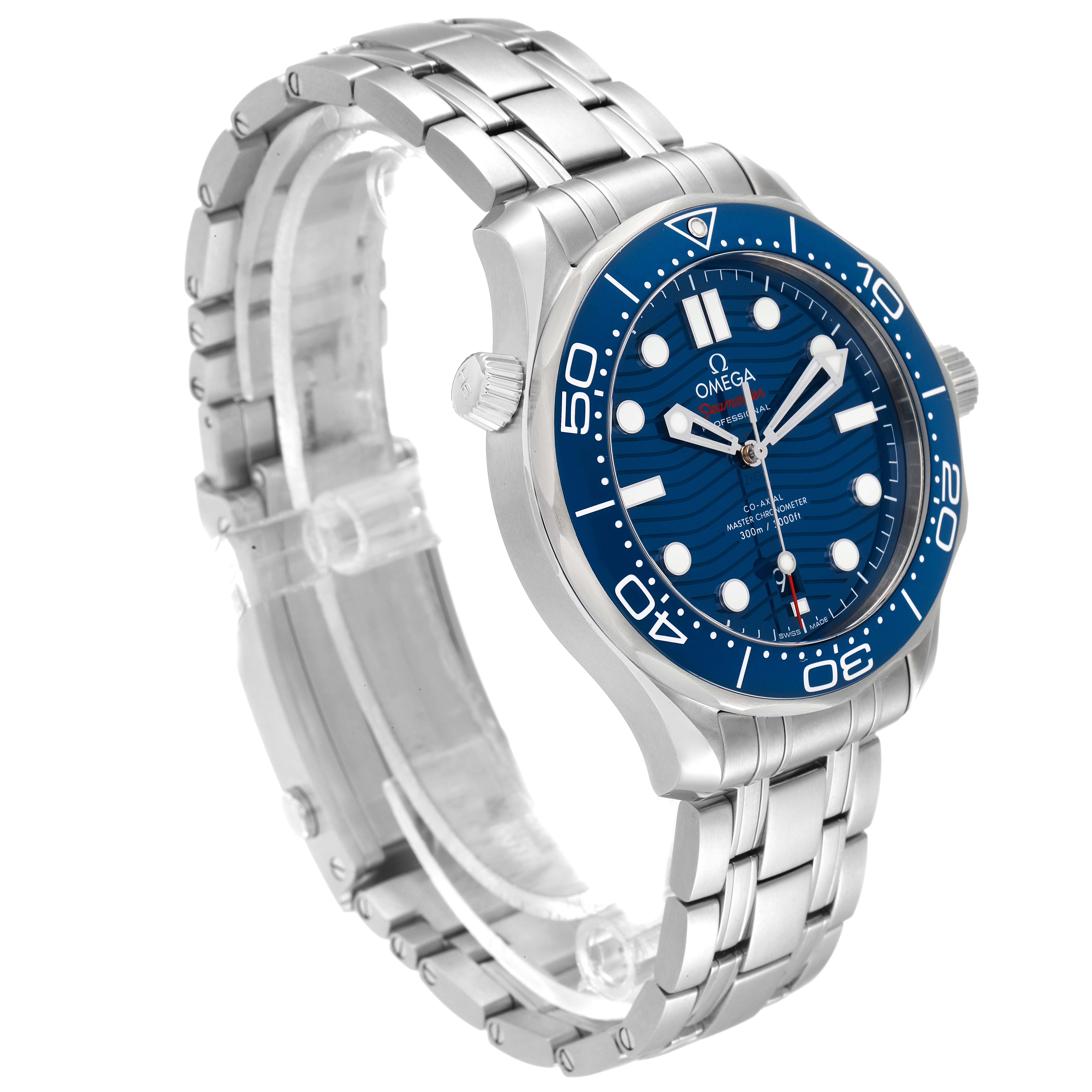 The Omega Seamaster 210.30.42.20.03.001 Men's Stainless Steel Blue Dial 210.30.42.20.03.001 Men's Stainless Steel Blue Dial watch is shown at a 3/4 angle, highlighting its stainless steel bracelet and blue dial.