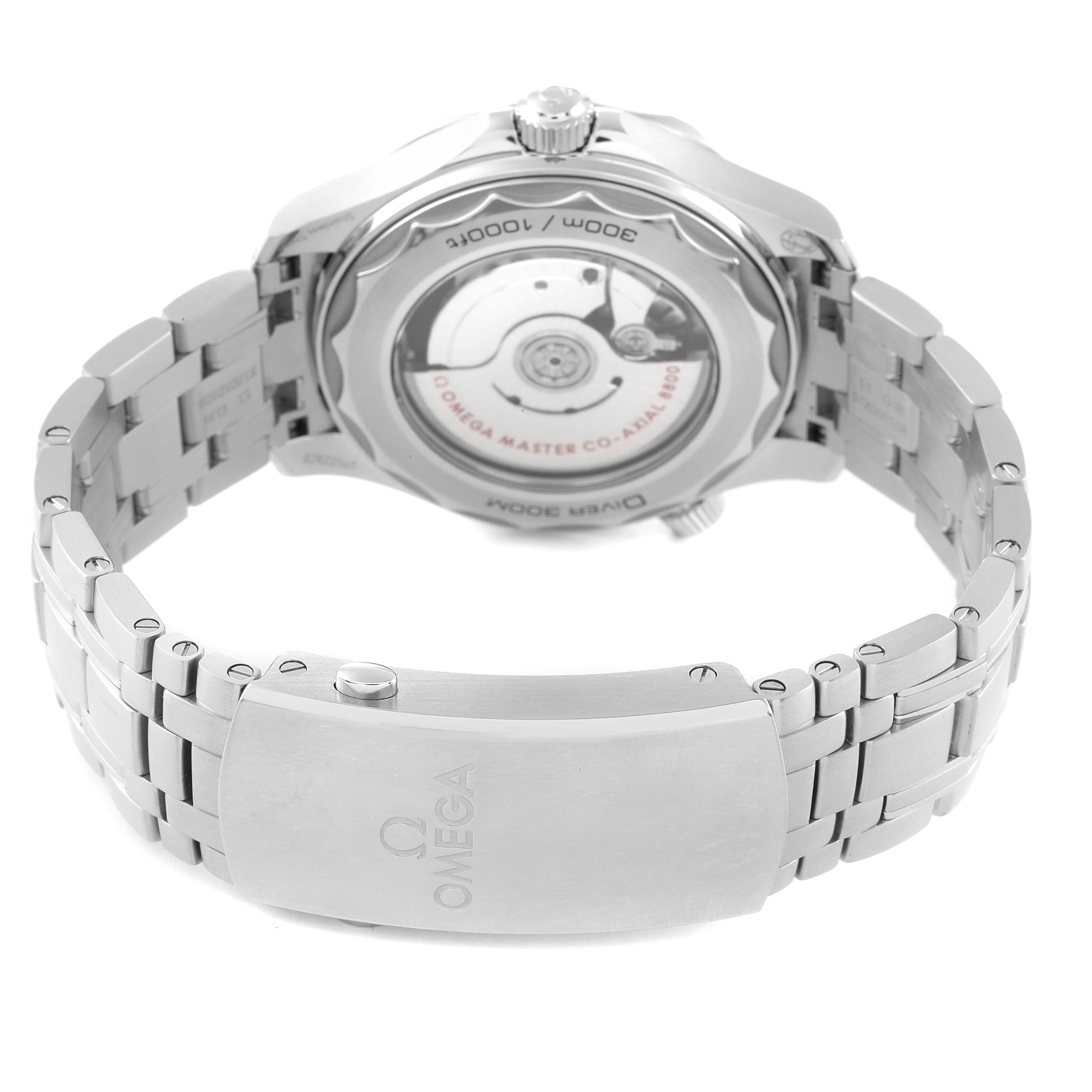 The image shows the back view of an Omega Seamaster 210.30.42.20.03.001 Men's Stainless Steel Blue Dial 210.30.42.20.03.001 Men's Stainless Steel Blue Dial watch, highlighting its metal bracelet and clasp.