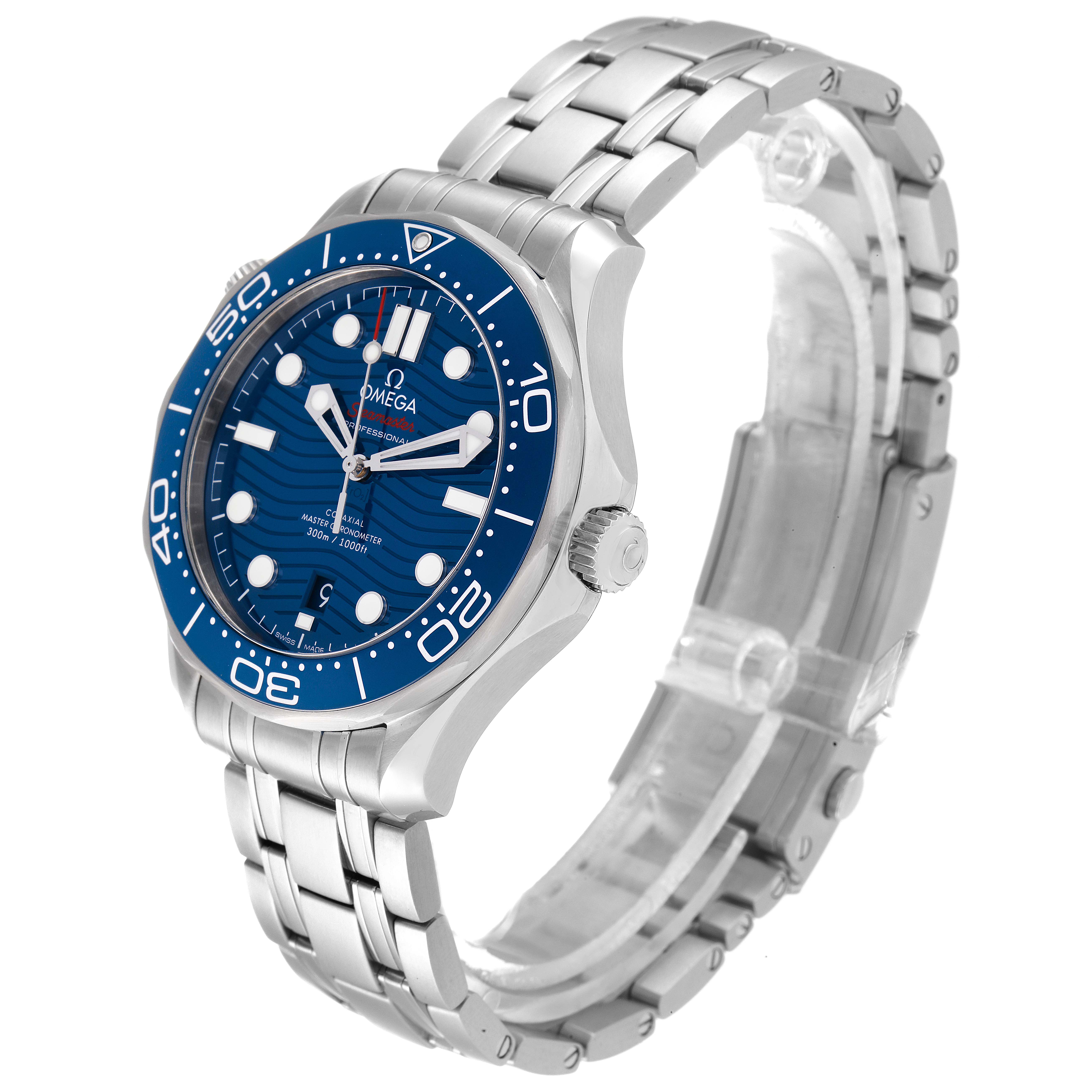 The image shows an Omega Seamaster 210.30.42.20.03.001 Men's Stainless Steel Blue Dial 210.30.42.20.03.001 Men's Stainless Steel Blue Dial watch from an angled side view, highlighting the face, bezel, crown, and part of the bracelet.