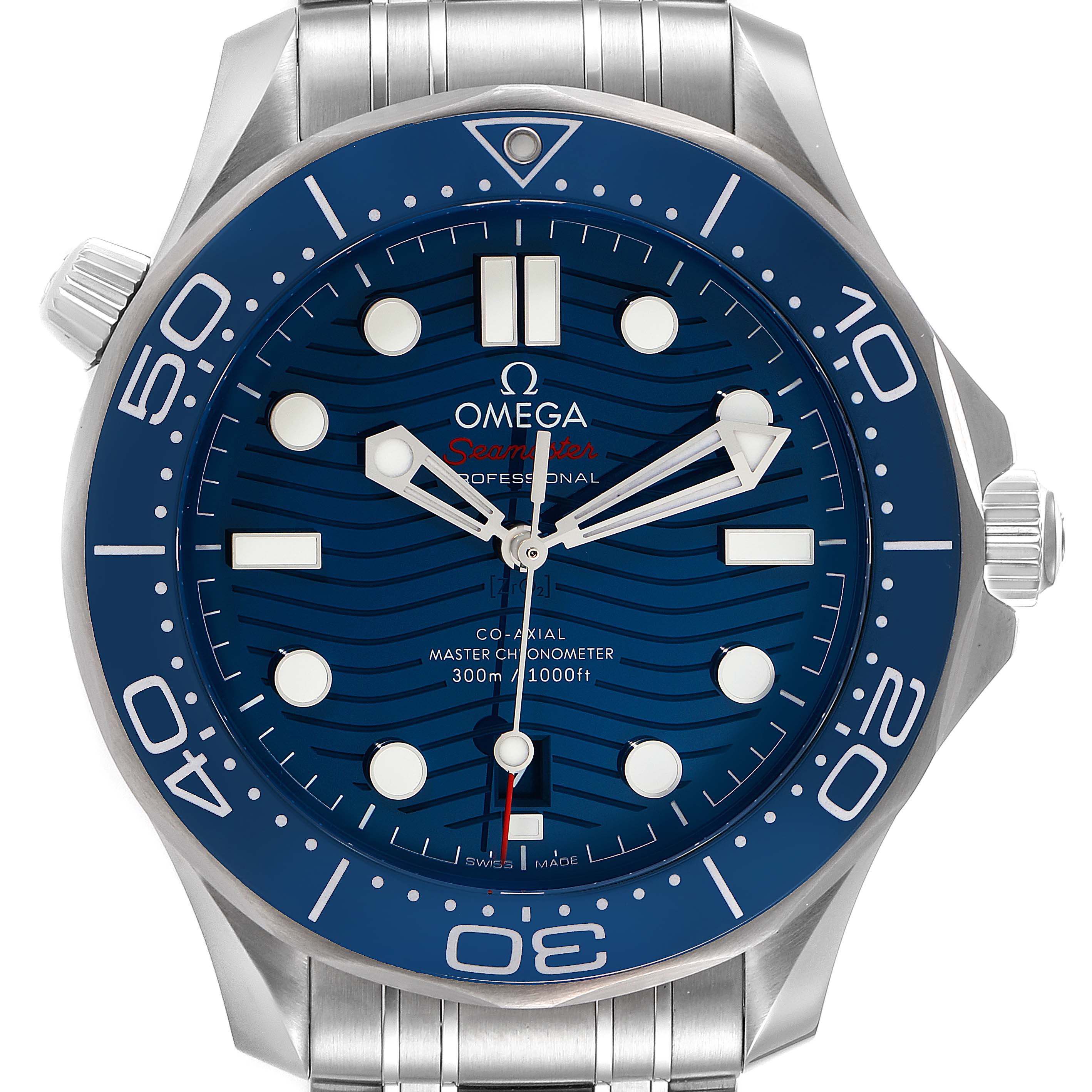 The image shows a front view of an Omega Seamaster 210.30.42.20.03.001 Men's Stainless Steel Blue Dial 210.30.42.20.03.001 Men's Stainless Steel Blue Dial model watch, highlighting the dial, bezel, hands, and part of the bracelet.