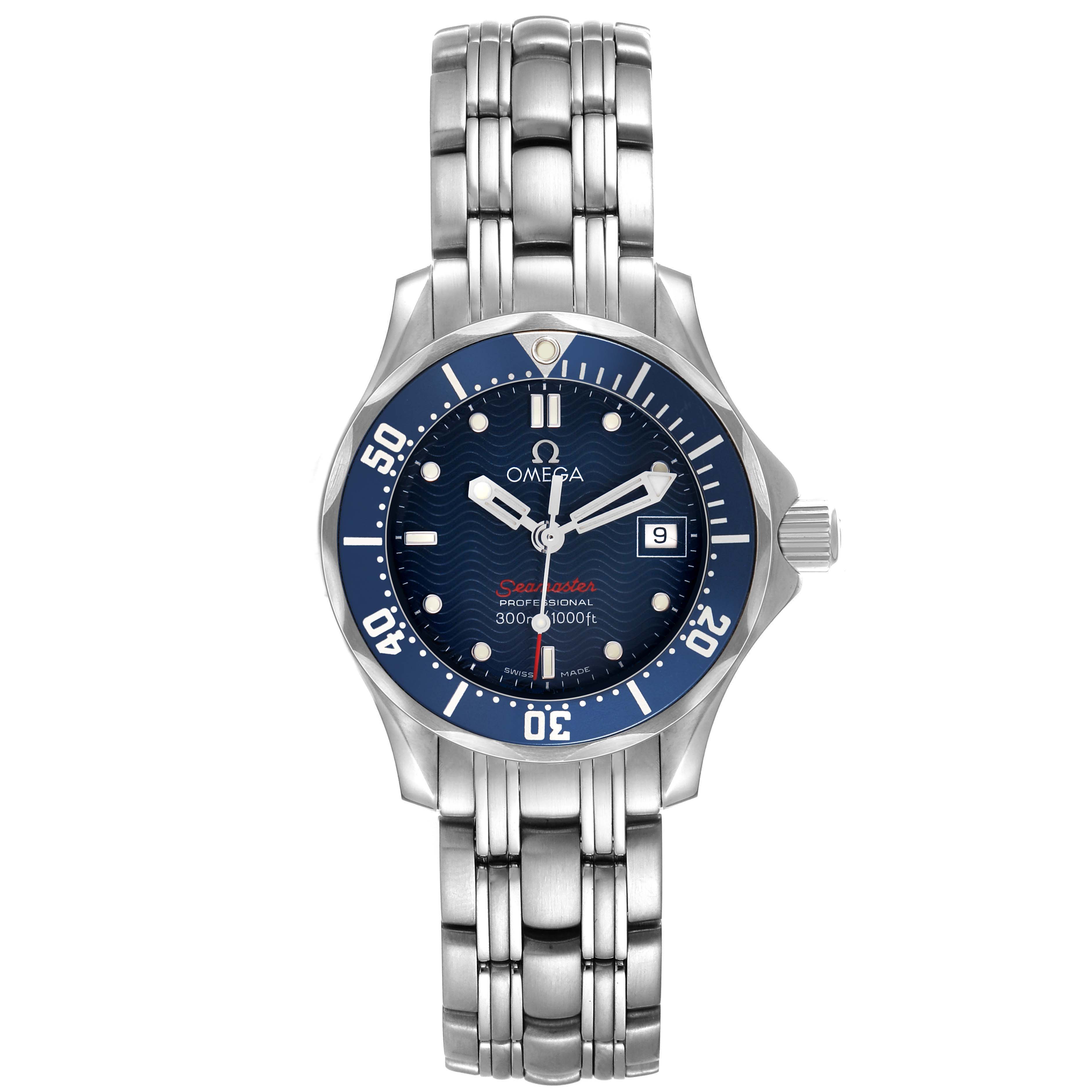 The Omega 2224.80.00 Women's Stainless Steel Blue Dial Seamaster Diver 300M watch is shown from the front, highlighting the blue dial, bezel, bracelet, and crown.