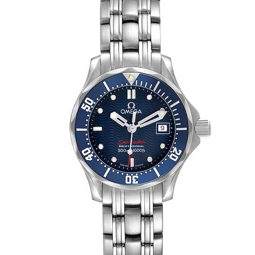 The Omega 2224.80.00 Women's Stainless Steel Blue Dial Seamaster Diver 300M Steel Blue Dial Ladies Watch 2224.80.00 is shown from the front, highlighting the dial, bezel, and bracelet.
