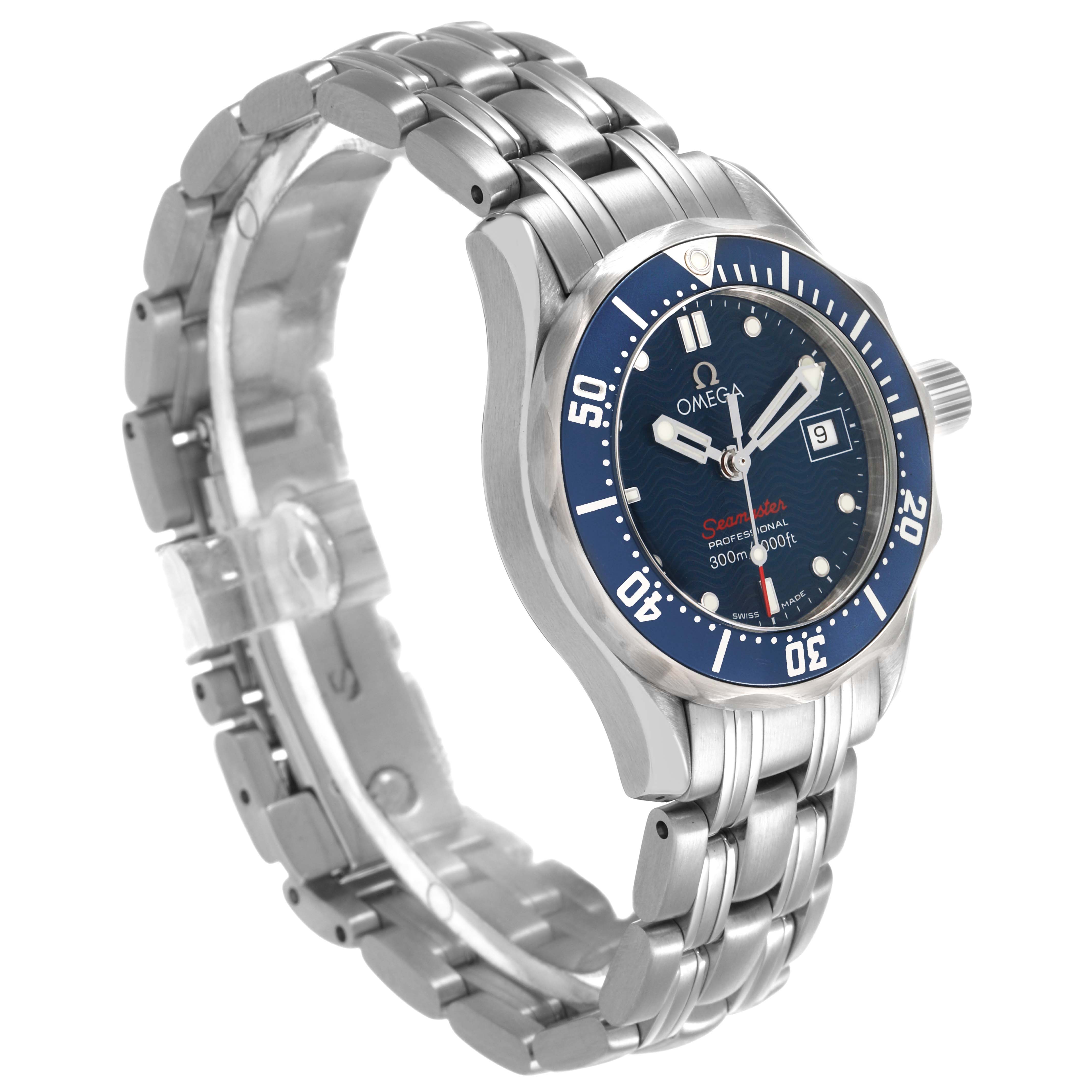 The image shows a side angle of the Omega 2224.80.00 Women's Stainless Steel Blue Dial Seamaster Diver 300M Steel Blue Dial Ladies Watch 2224.80.00, highlighting the bezel, dial, and bracelet.