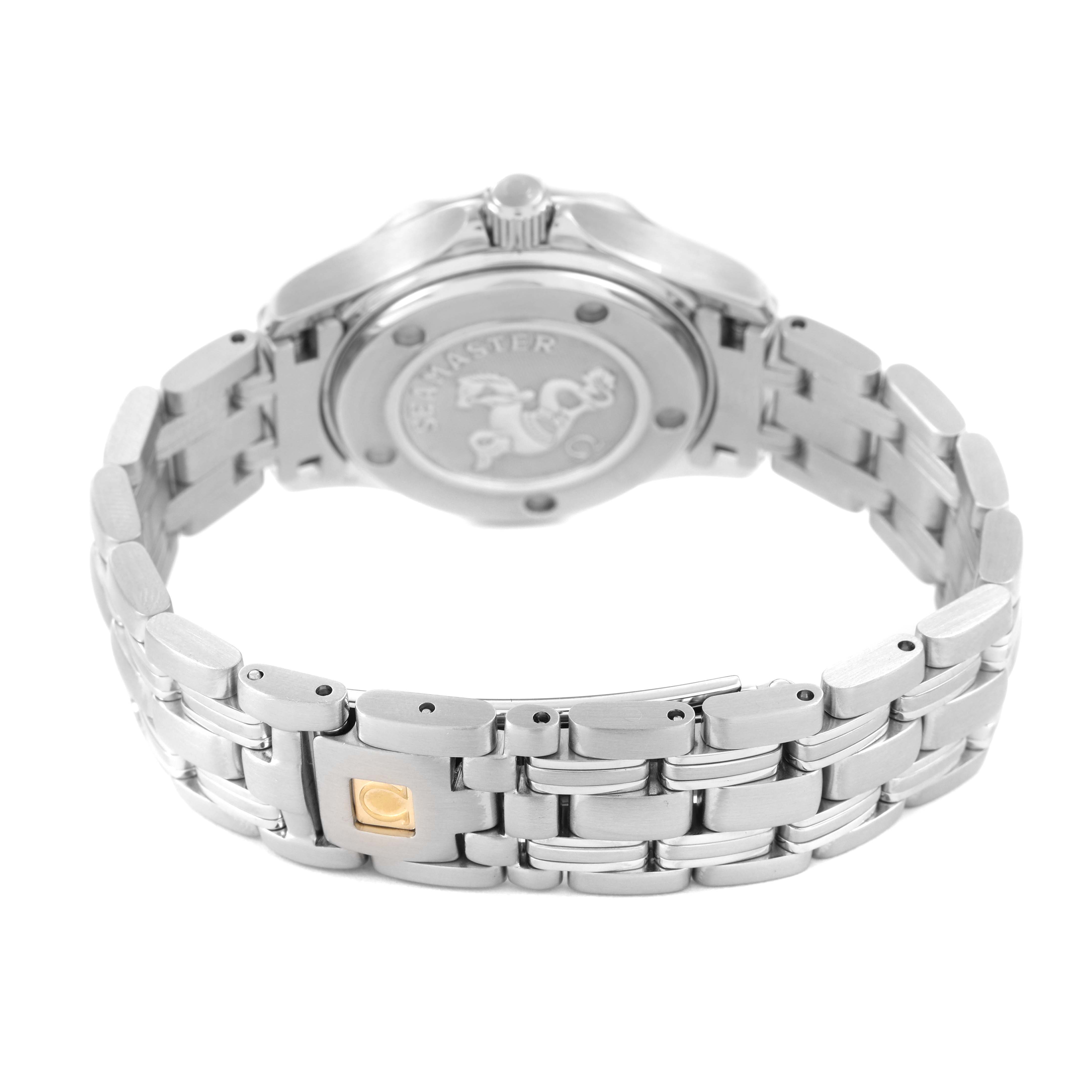 The image shows the backside and bracelet of the Omega 2224.80.00 Women's Stainless Steel Blue Dial Seamaster Diver 300M 2224.80.00 watch, highlighting the clasp and case back.