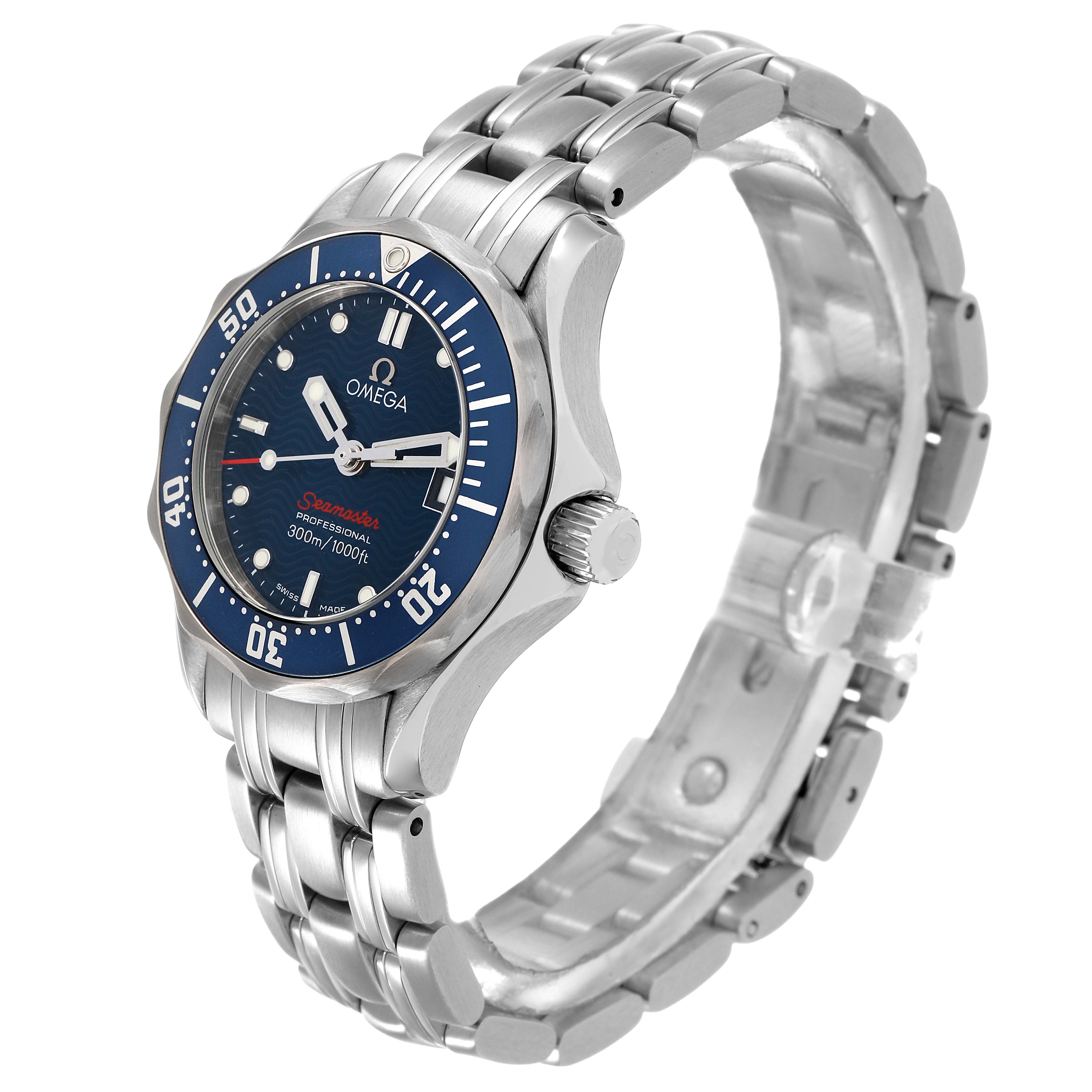 The Omega 2224.80.00 Women's Stainless Steel Blue Dial Seamaster Diver 300M is shown at a 3/4 angle, highlighting its blue dial, bezel, crown, and metal bracelet.