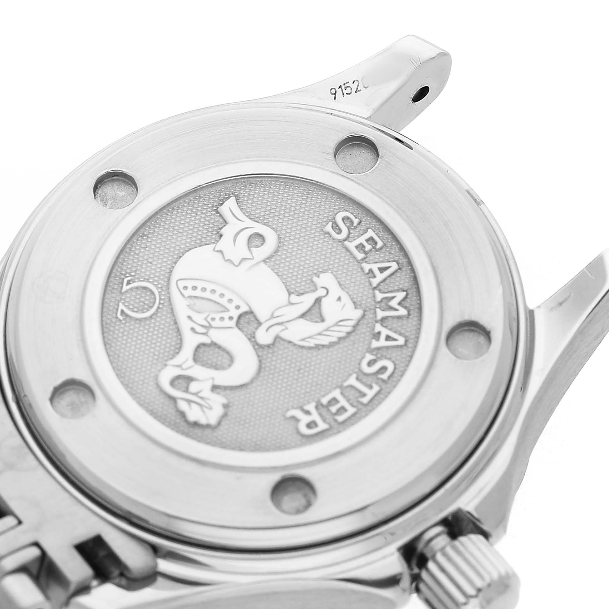 The image shows the back of the Omega 2224.80.00 Women's Stainless Steel Blue Dial Seamaster Diver 300M Steel Blue Dial Ladies Watch, highlighting the case back design and crown.