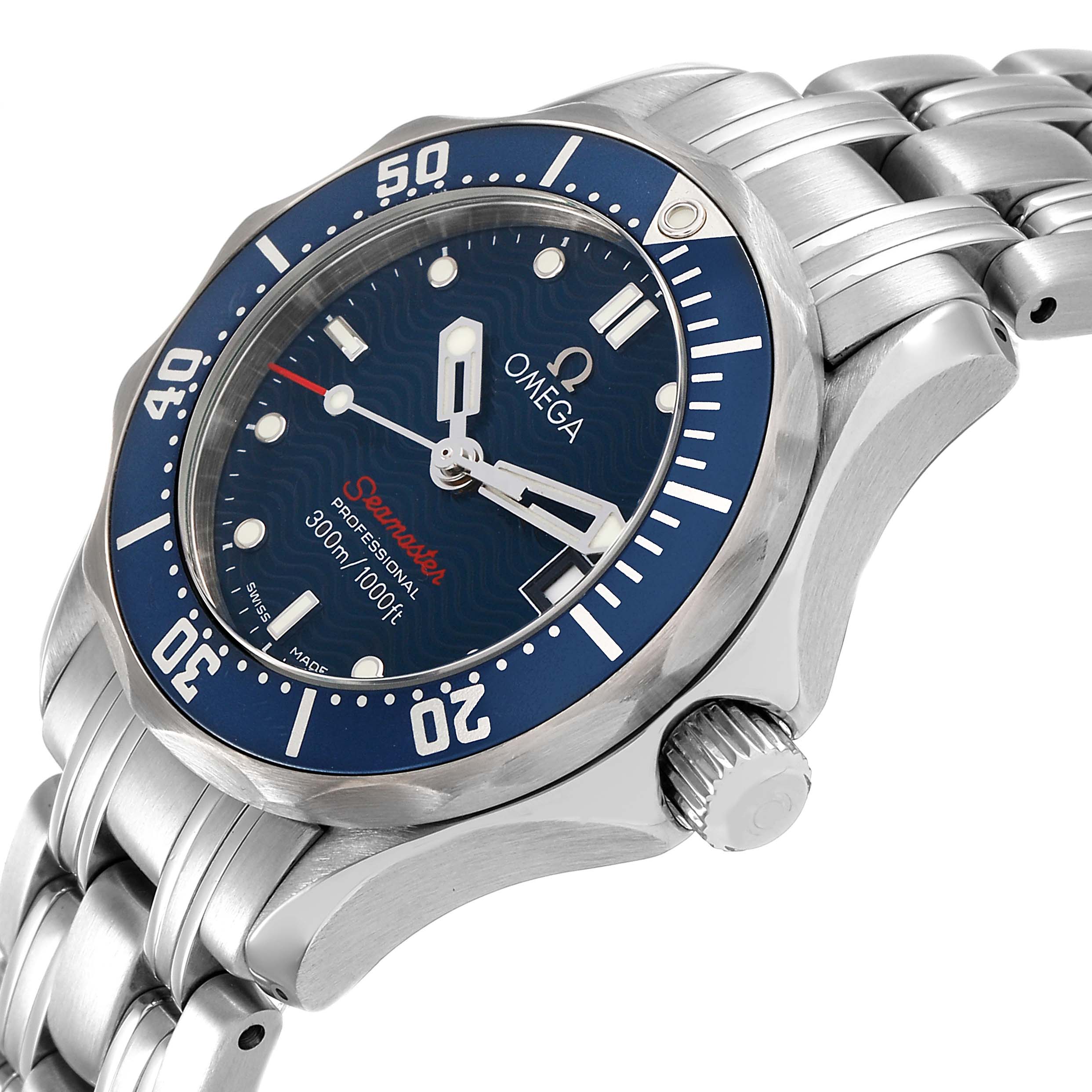 The Omega 2224.80.00 Women's Stainless Steel Blue Dial Seamaster Diver 300M Steel Blue Dial Ladies Watch is shown from a side angle, highlighting the bezel, crown, and bracelet.