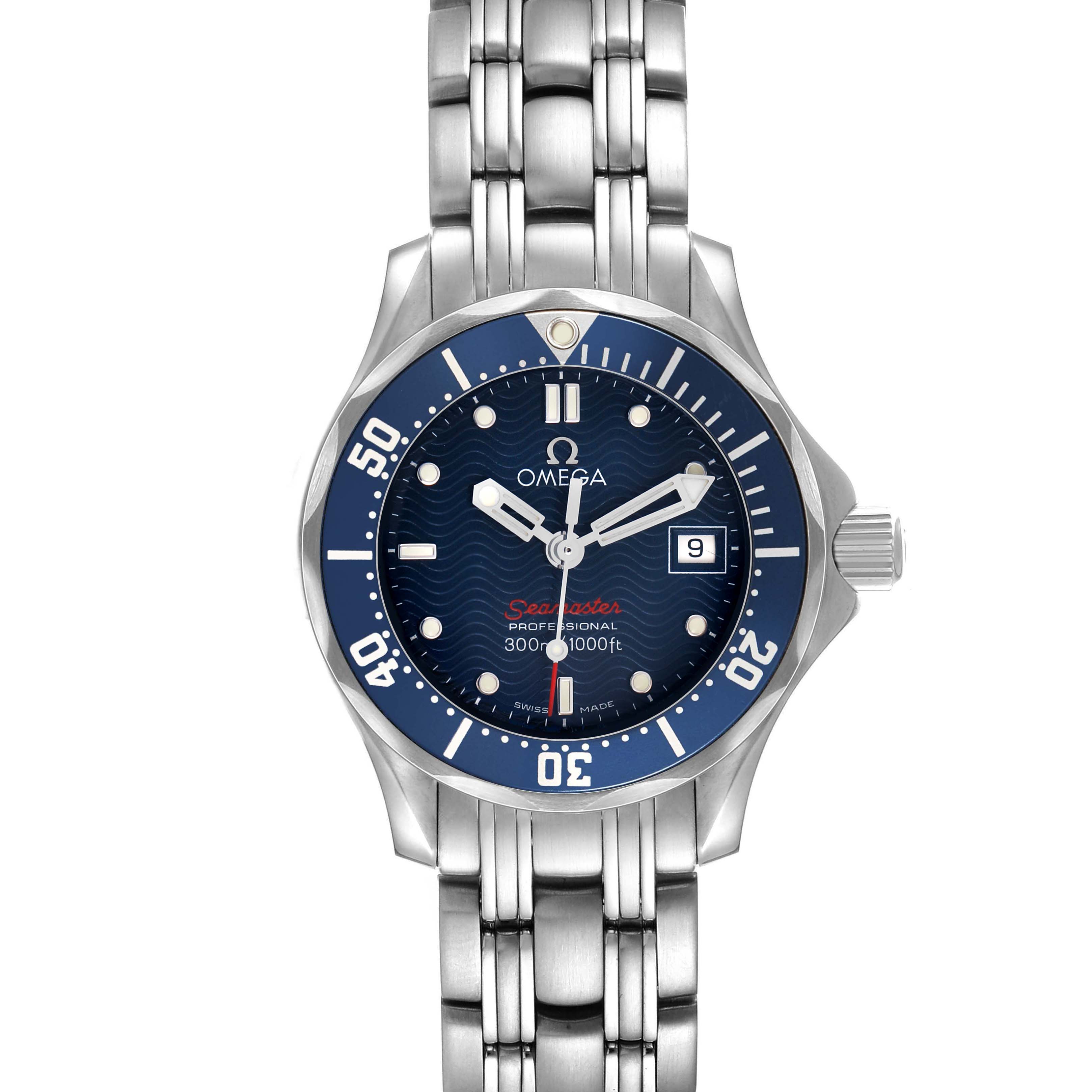 The Omega 2224.80.00 Women's Stainless Steel Blue Dial Seamaster Diver 300M Steel Blue Dial Ladies Watch 2224.80.00 is shown from a front angle, highlighting the dial and bezel.