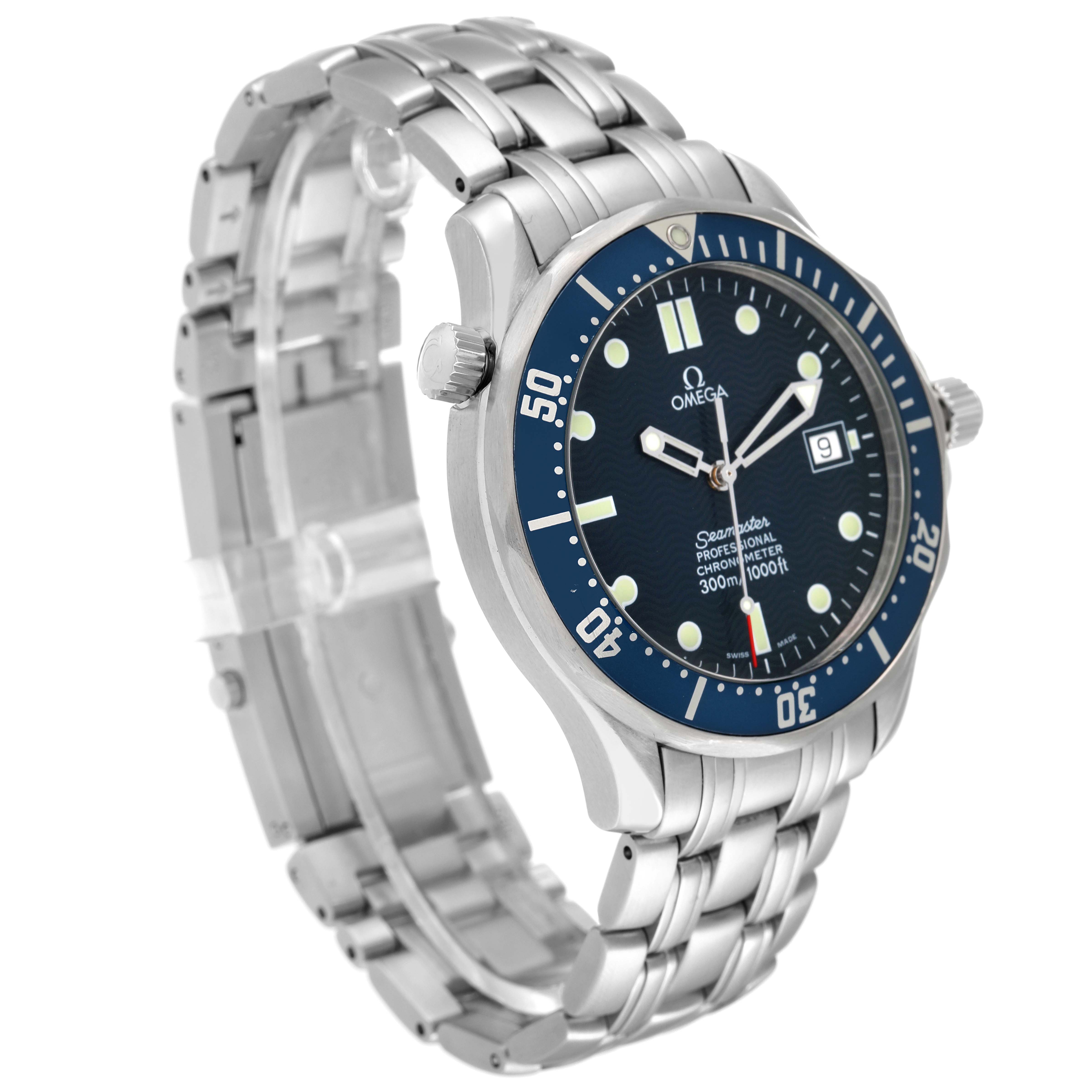 This image shows an angled view of the Omega Seamaster 2531.80.00 Men's Stainless Steel Blue Dial 2531.80.00 Men's Stainless Steel Blue Dial watch, featuring its dial, bezel, crown, and metal bracelet.