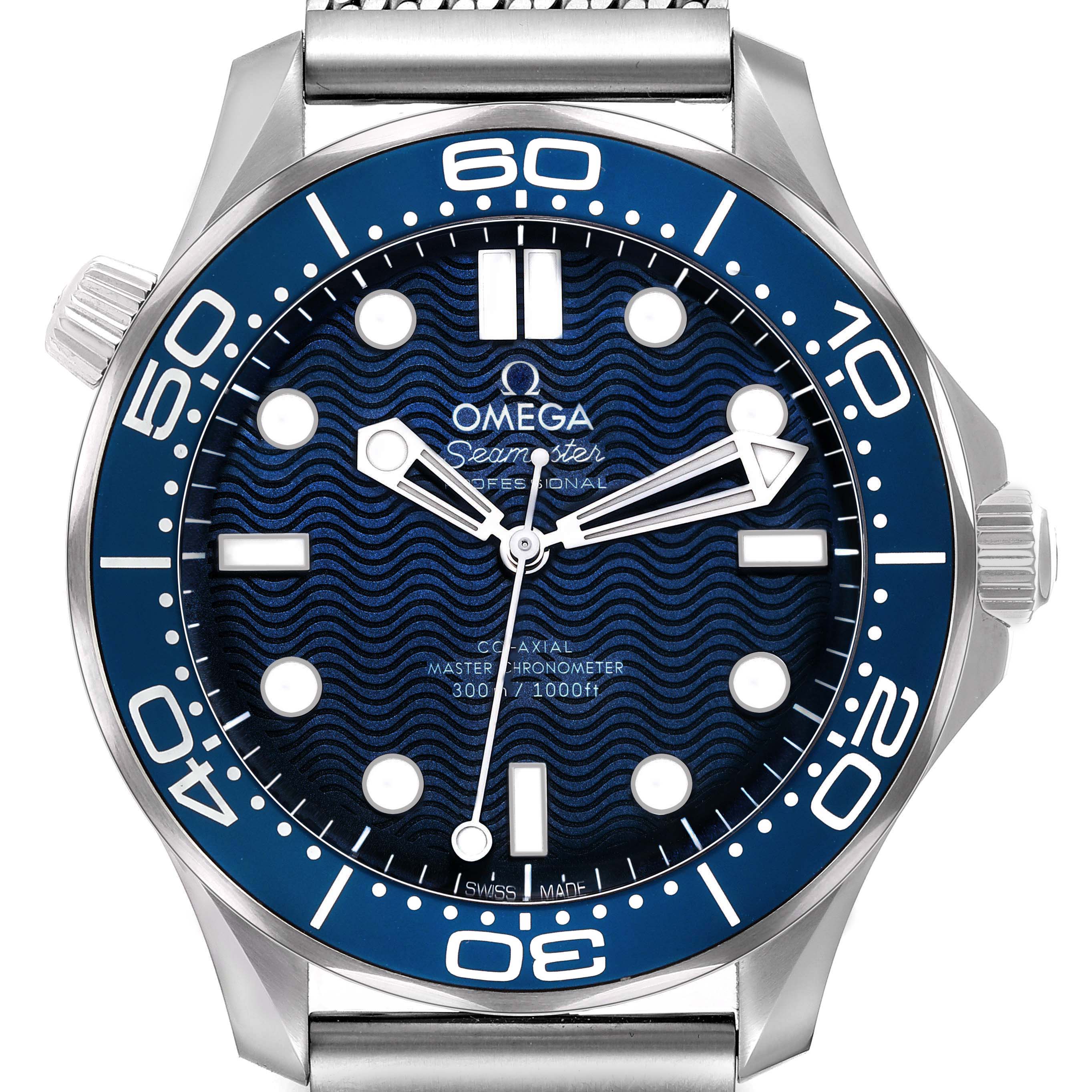 The Omega Seamaster 210.30.42.20.03.002 Men's Stainless Steel Blue Dial watch is shown from a front angle, displaying the face, bezel, and part of the crown.