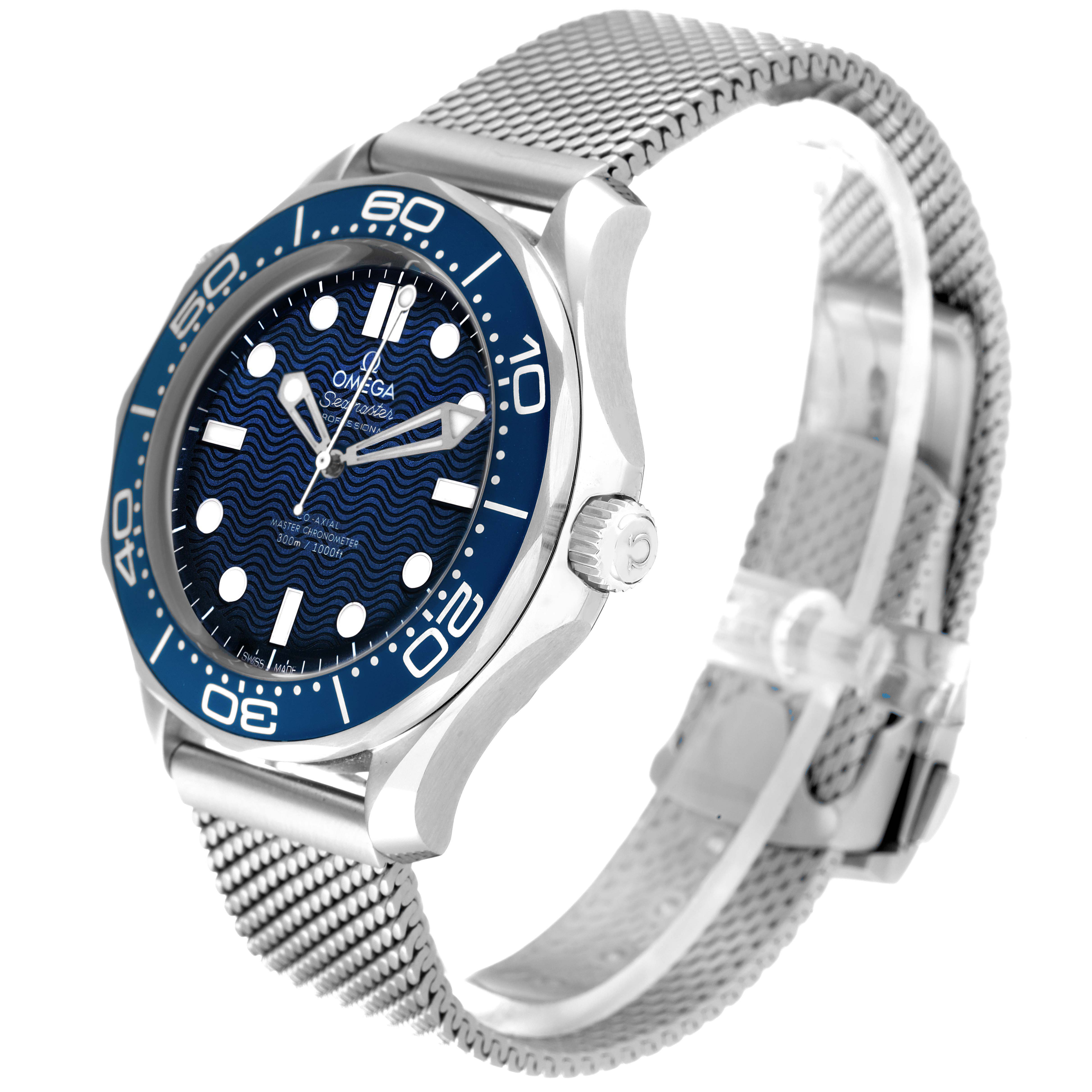 The Omega Seamaster 210.30.42.20.03.002 Men's Stainless Steel Blue Dial watch is shown at a slight side angle, highlighting the blue dial, bezel, and mesh bracelet.
