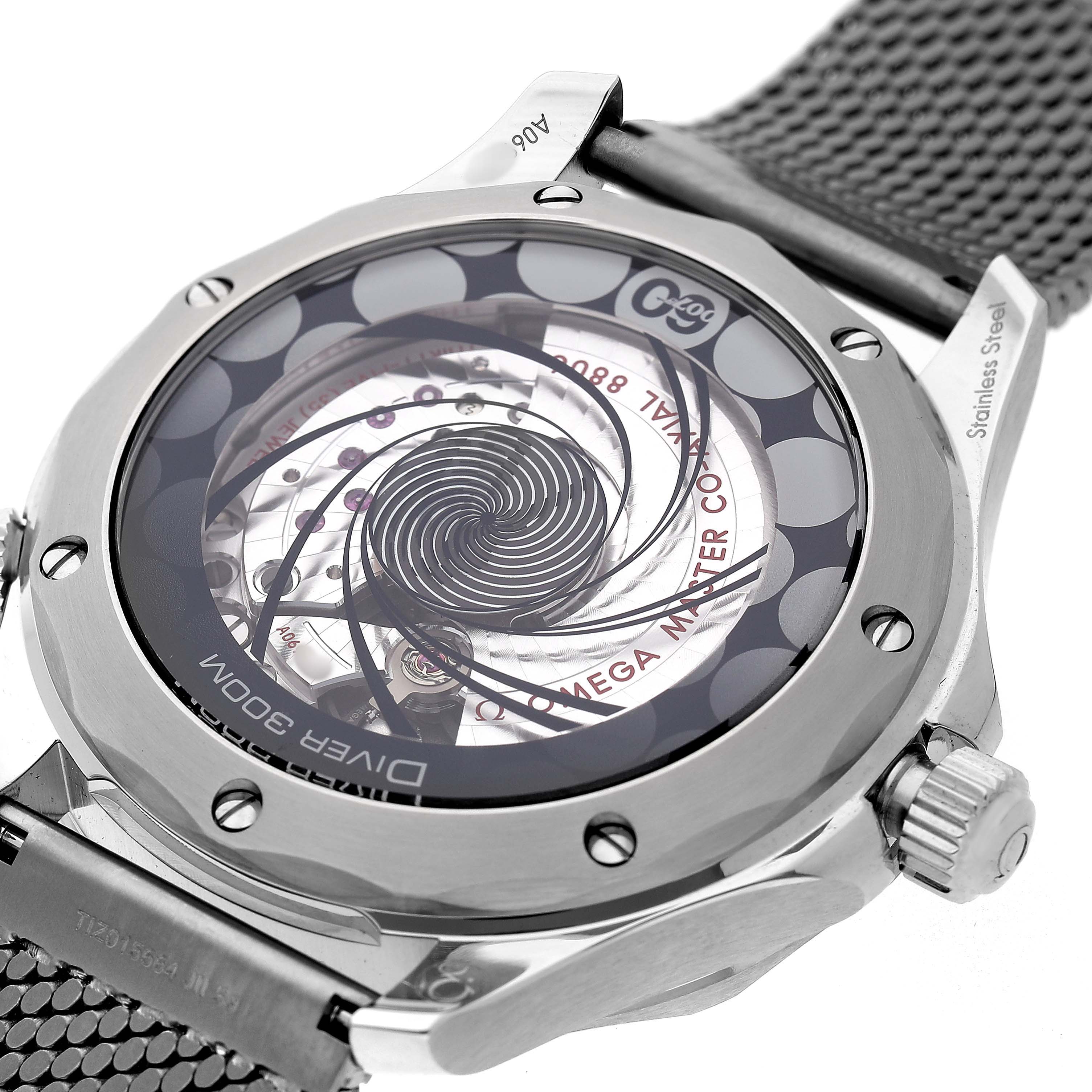 The Omega Seamaster 210.30.42.20.03.002 Men's Stainless Steel Blue Dial watch is shown from the caseback angle, highlighting its intricate movement and stainless steel components.
