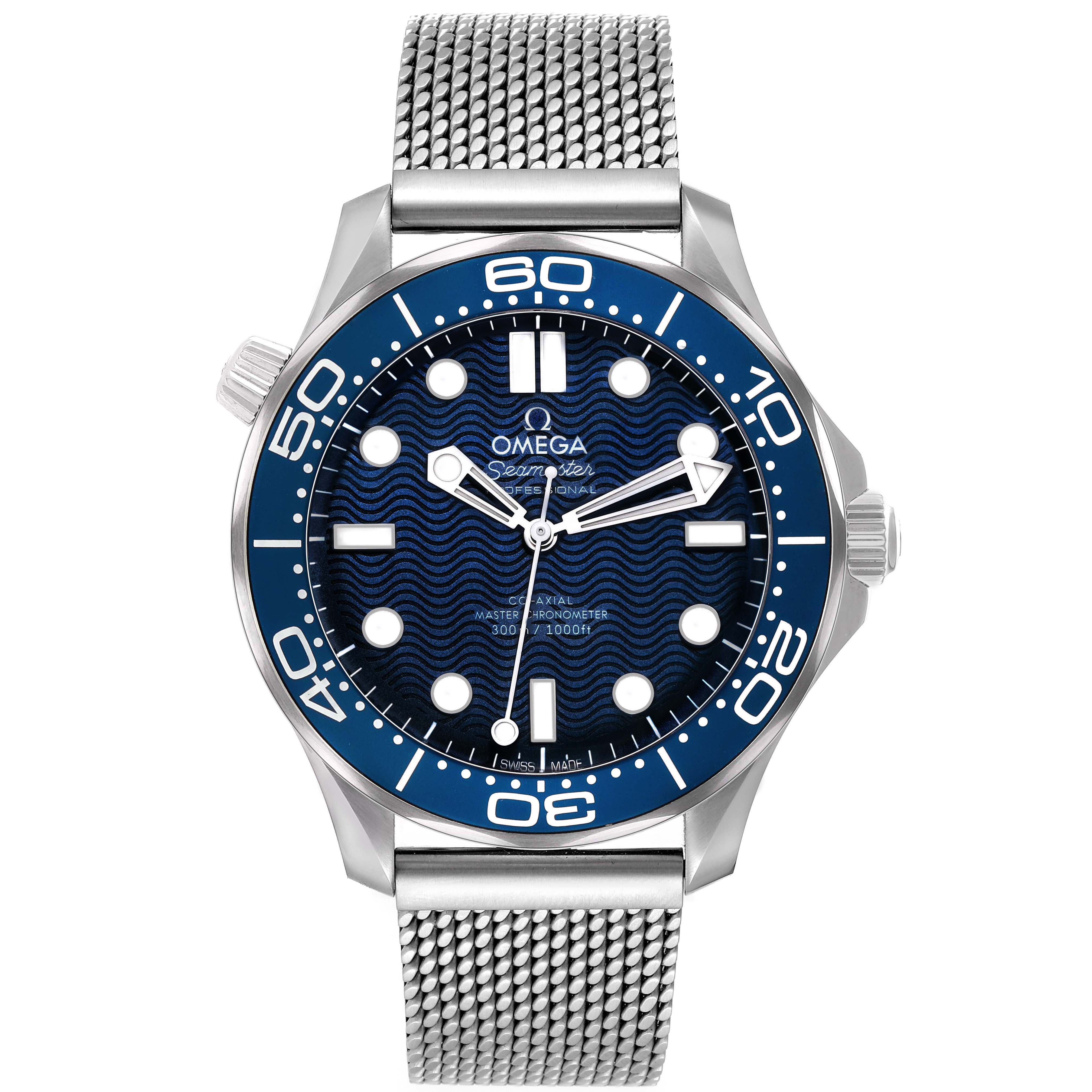 The Omega Seamaster 210.30.42.20.03.002 Men's Stainless Steel Blue Dial watch is shown from the front, highlighting its dial, bezel, and mesh bracelet.