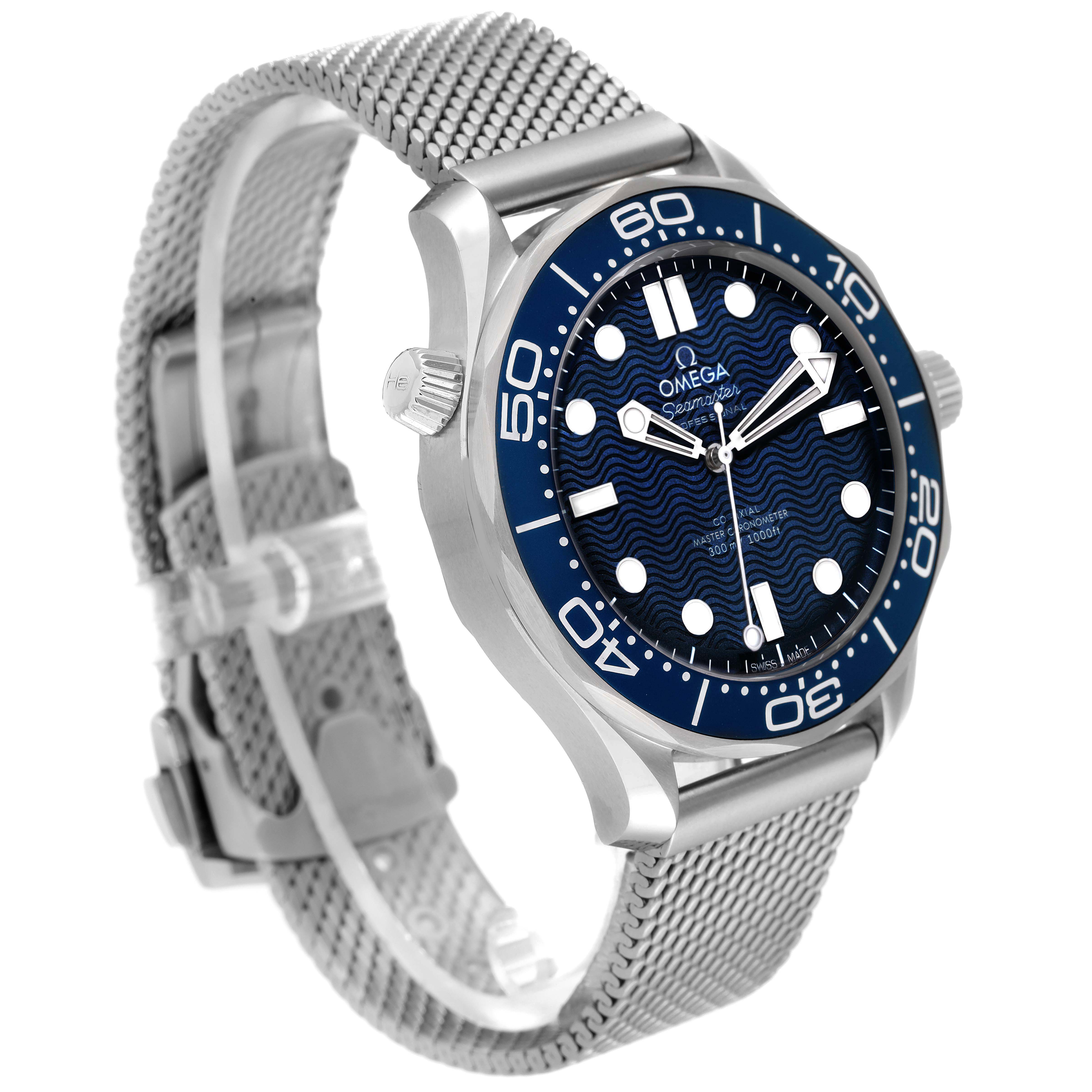 The Omega Seamaster 210.30.42.20.03.002 Men's Stainless Steel Blue Dial watch is shown at a 3/4 angle, highlighting the blue bezel, dial, and mesh bracelet.