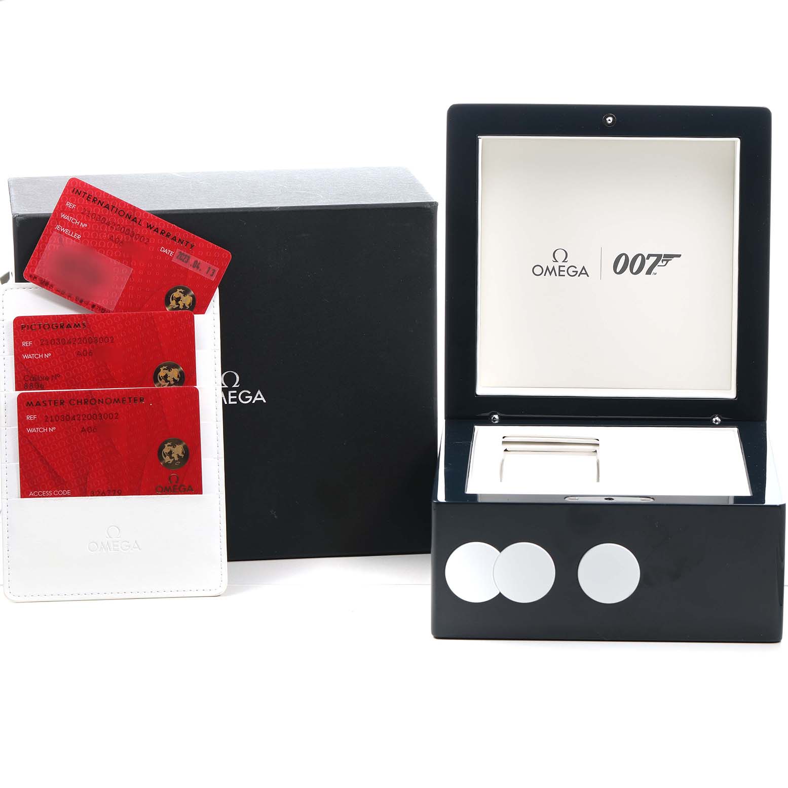 The image shows an open Omega Seamaster 210.30.42.20.03.002 Men's Stainless Steel Blue Dial watch box, warranty cards, and outer packaging from a front angle.