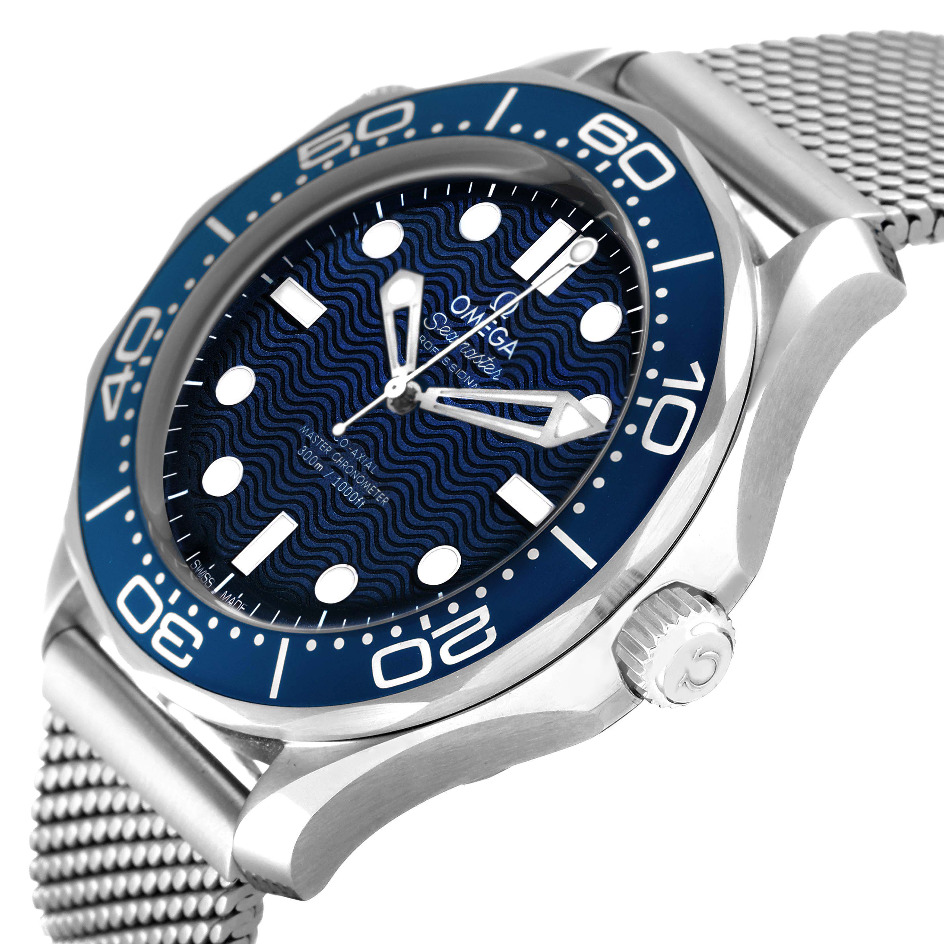 The Omega Seamaster 210.30.42.20.03.002 Men's Stainless Steel Blue Dial watch is shown at an angled side view, highlighting the blue dial, bezel, crown, and mesh bracelet.