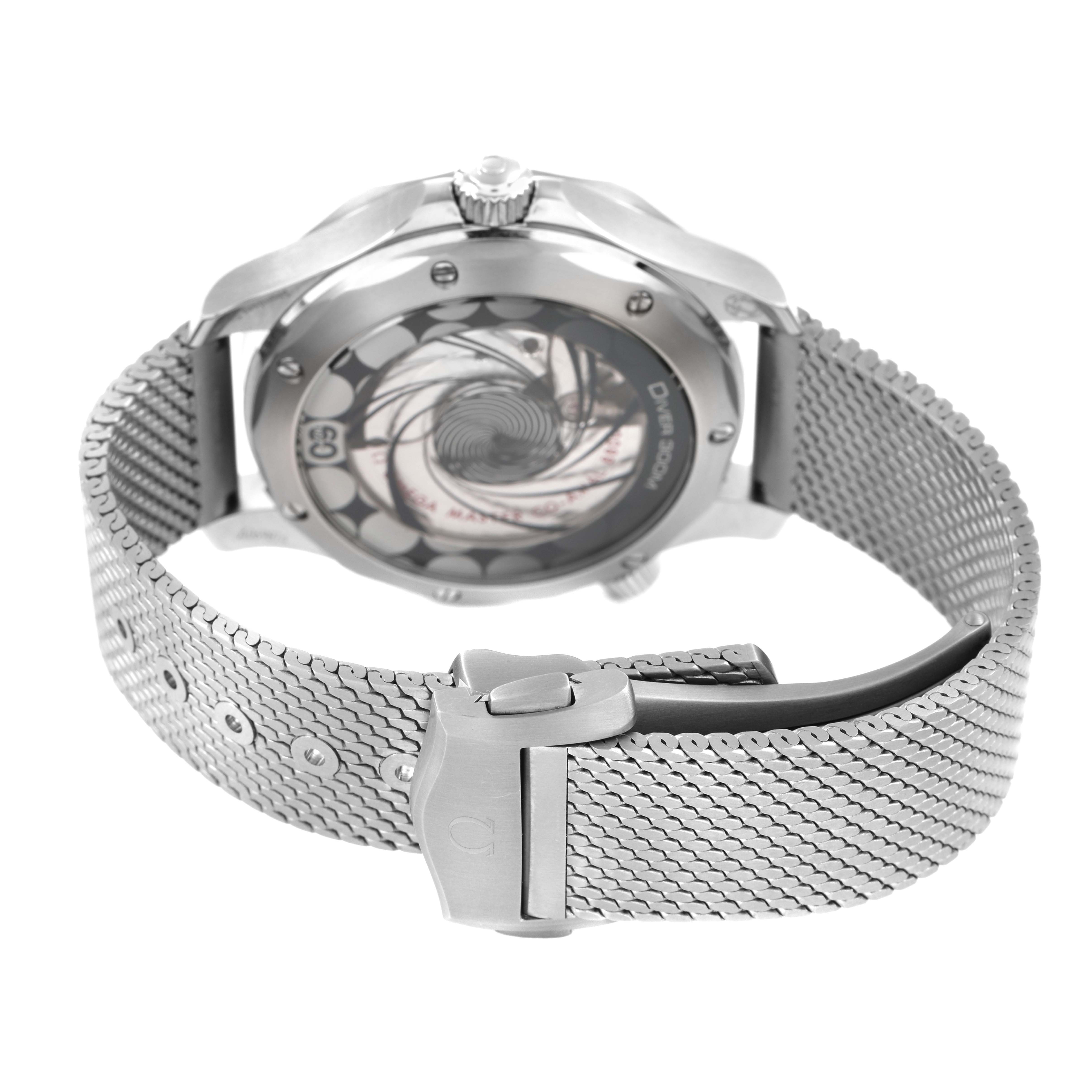 The image shows the back view of the Omega Seamaster 210.30.42.20.03.002 Men's Stainless Steel Blue Dial, highlighting its caseback and mesh bracelet with a clasp.