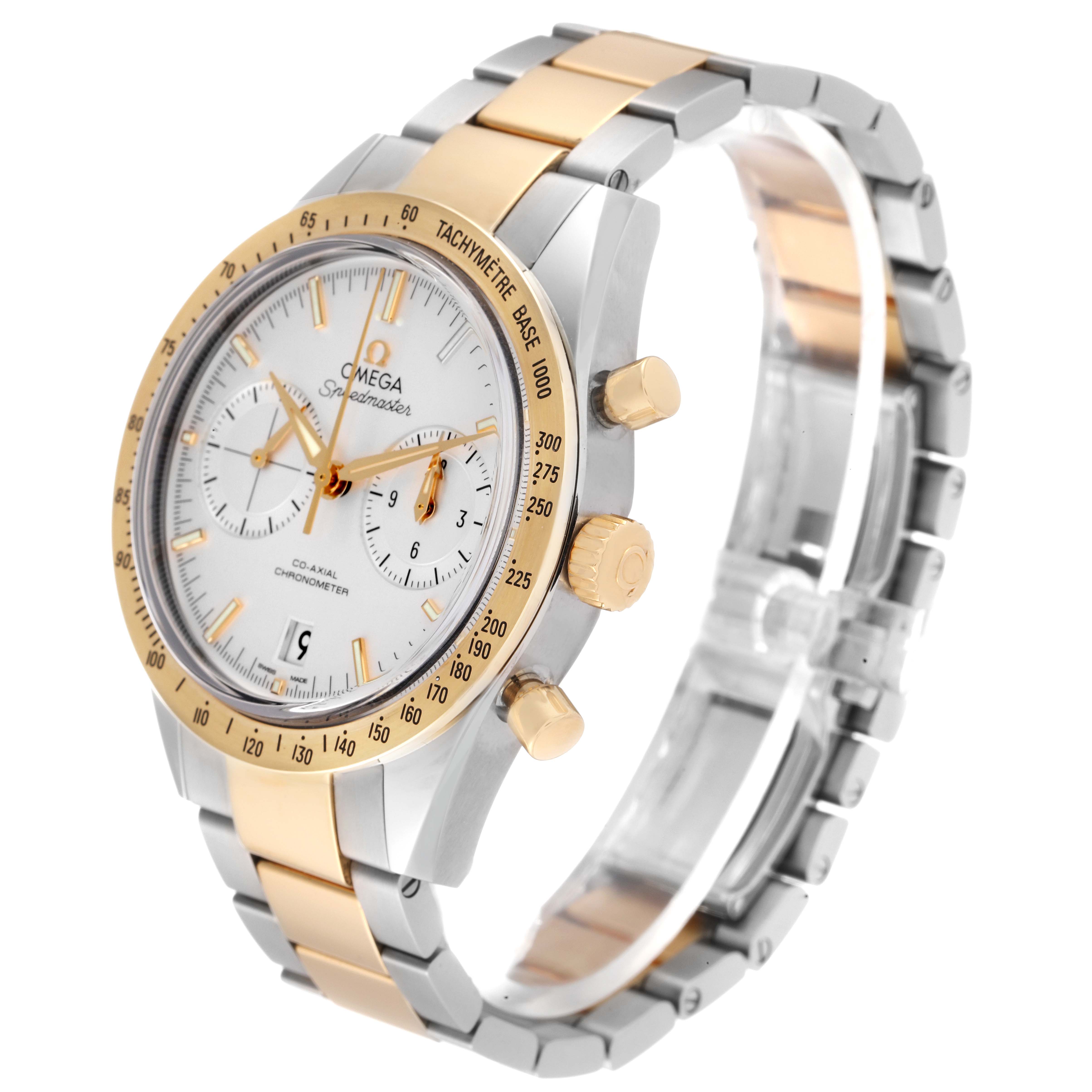 The Omega Speedmaster 331.20.42.51.02.001 Men's Steel and Gold (two tone) Silver Dial 331.20.42.51.02.001 Men's Steel and Gold (two tone) Silver Dial watch is shown from a front-side angle, highlighting its dial, tachymeter, pushers, and two-tone bracelet.