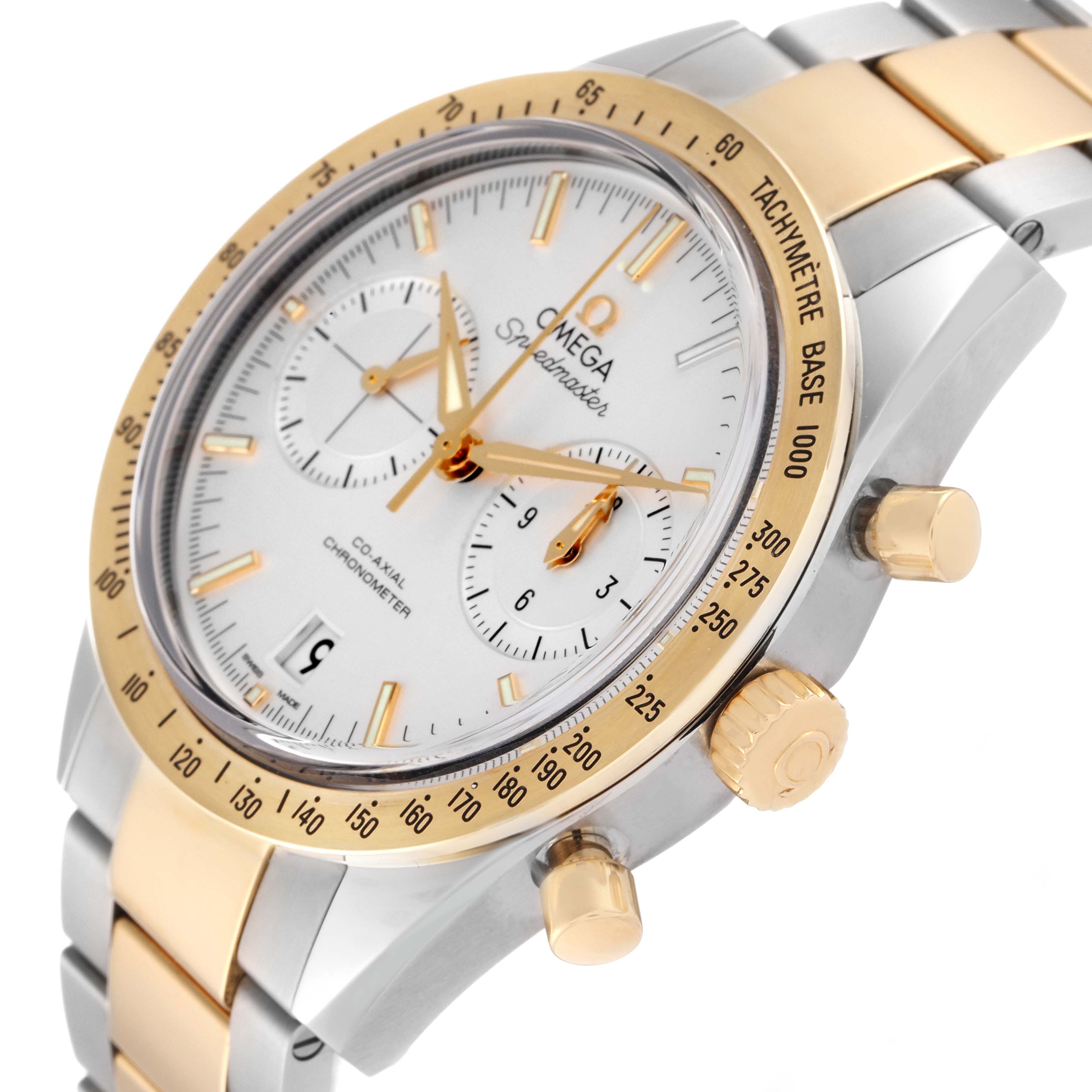This image shows a close-up angle of the Omega Speedmaster 331.20.42.51.02.001 Men's Steel and Gold (two tone) Silver Dial 331.20.42.51.02.001 Men's Steel and Gold (two tone) Silver Dial watch focusing on its dial, bezel, and pushers.