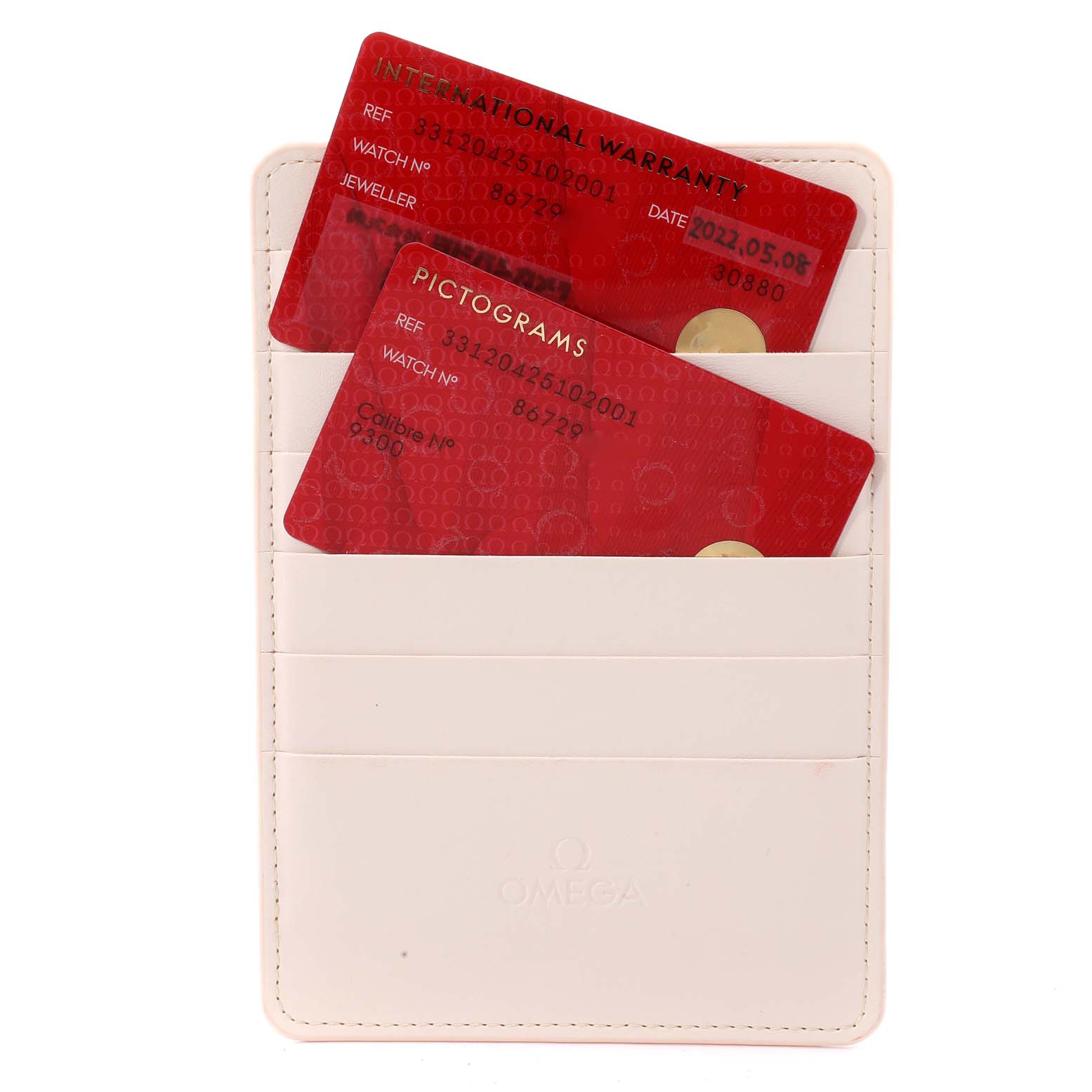 The image shows an Omega Speedmaster 331.20.42.51.02.001 Men's Steel and Gold (two tone) Silver Dial 331.20.42.51.02.001 Men's Steel and Gold (two tone) Silver Dial's warranty and pictogram cards in a white cardholder.