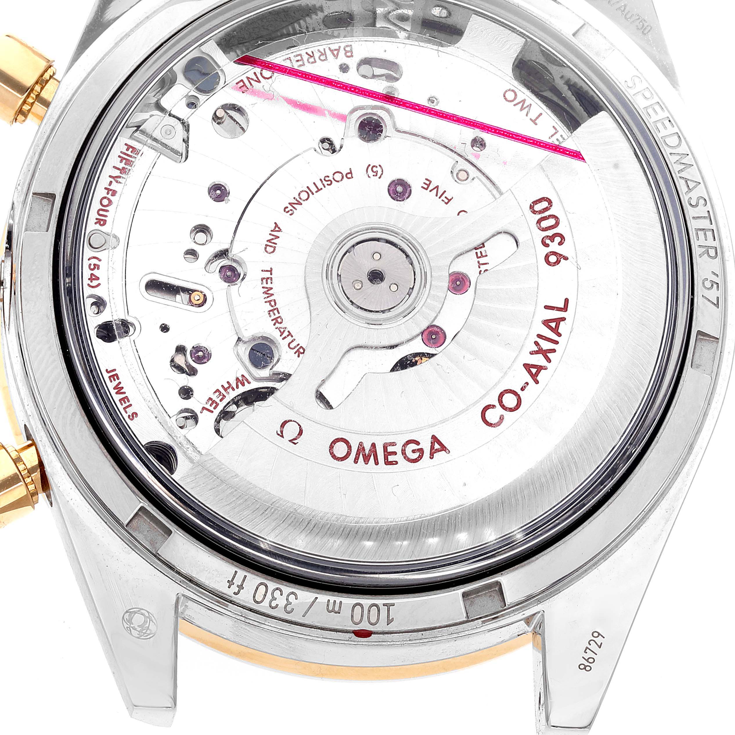 The image shows the back view of the Omega Speedmaster 331.20.42.51.02.001 Men's Steel and Gold (two tone) Silver Dial 331.20.42.51.02.001 Men's Steel and Gold (two tone) Silver Dial watch, featuring its Co-Axial 9300 movement mechanism.