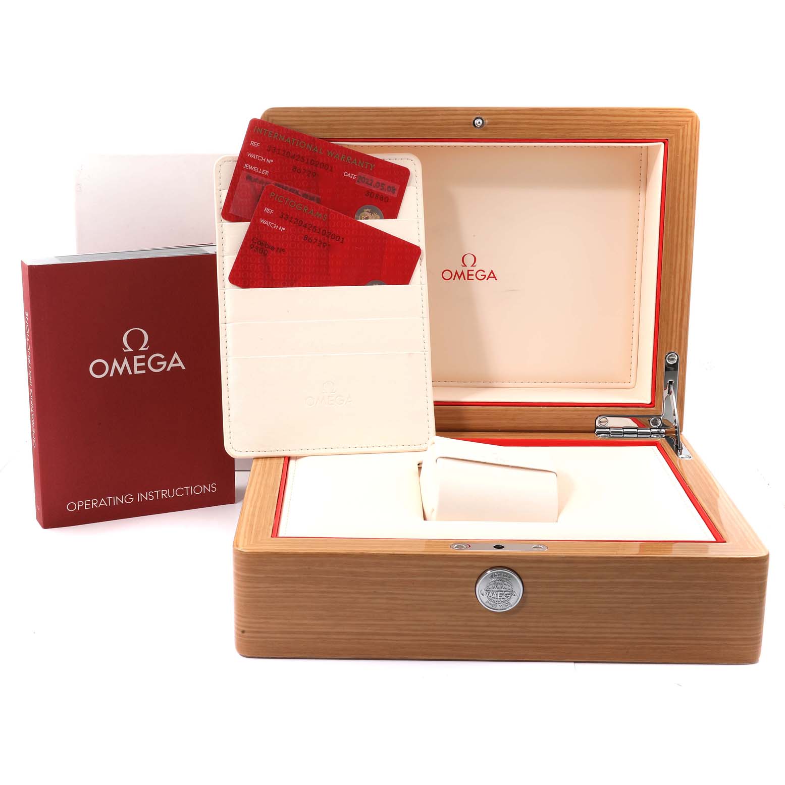 The image shows the accessories of an Omega Speedmaster 331.20.42.51.02.001 Men's Steel and Gold (two tone) Silver Dial 331.20.42.51.02.001 Men's Steel and Gold (two tone) Silver Dial, including the box, warranty cards, cardholder, and operating instructions.