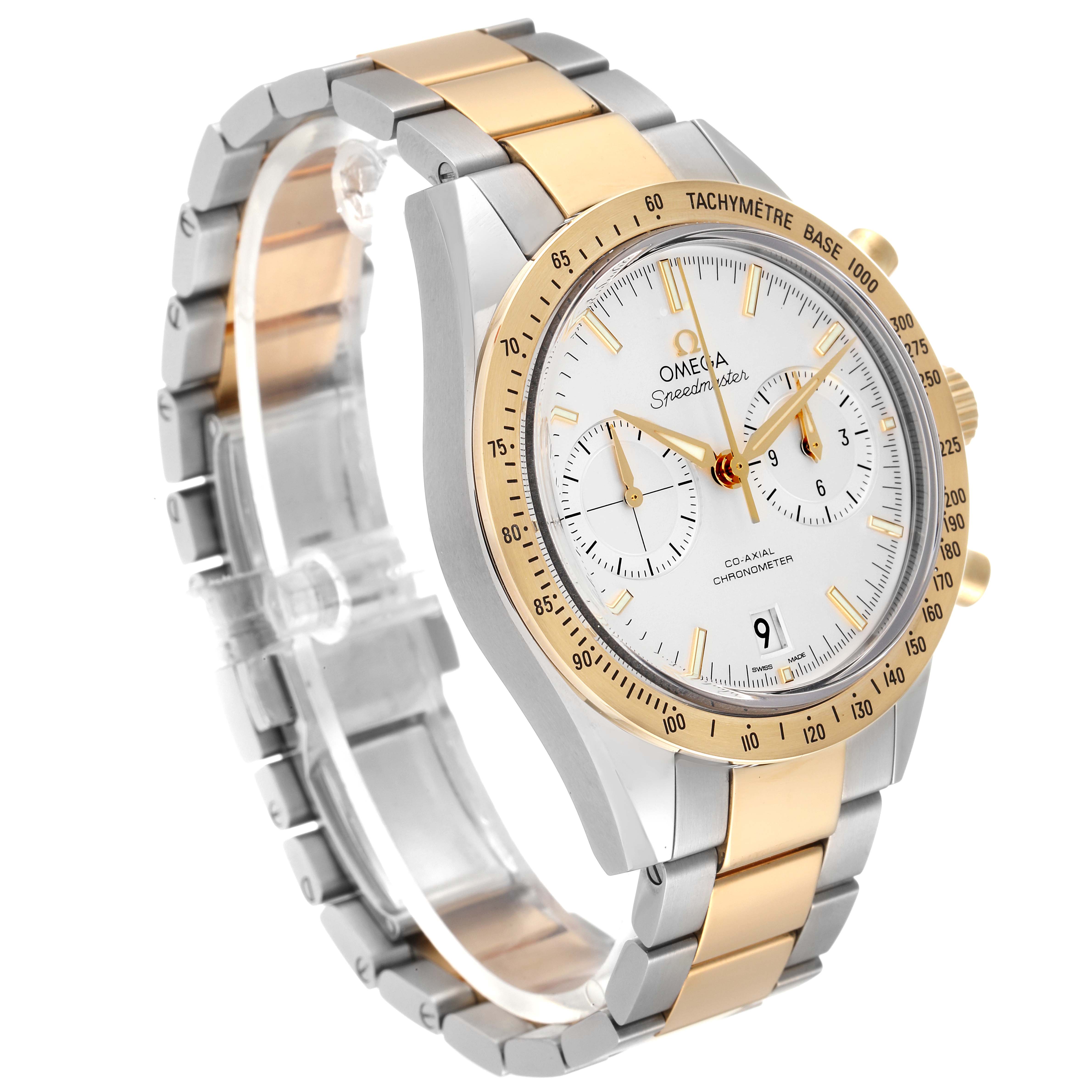 The Omega Speedmaster 331.20.42.51.02.001 Men's Steel and Gold (two tone) Silver Dial 331.20.42.51.02.001 Men's Steel and Gold (two tone) Silver Dial watch is shown at a three-quarter angle, highlighting its dial, bezel, and two-tone bracelet.