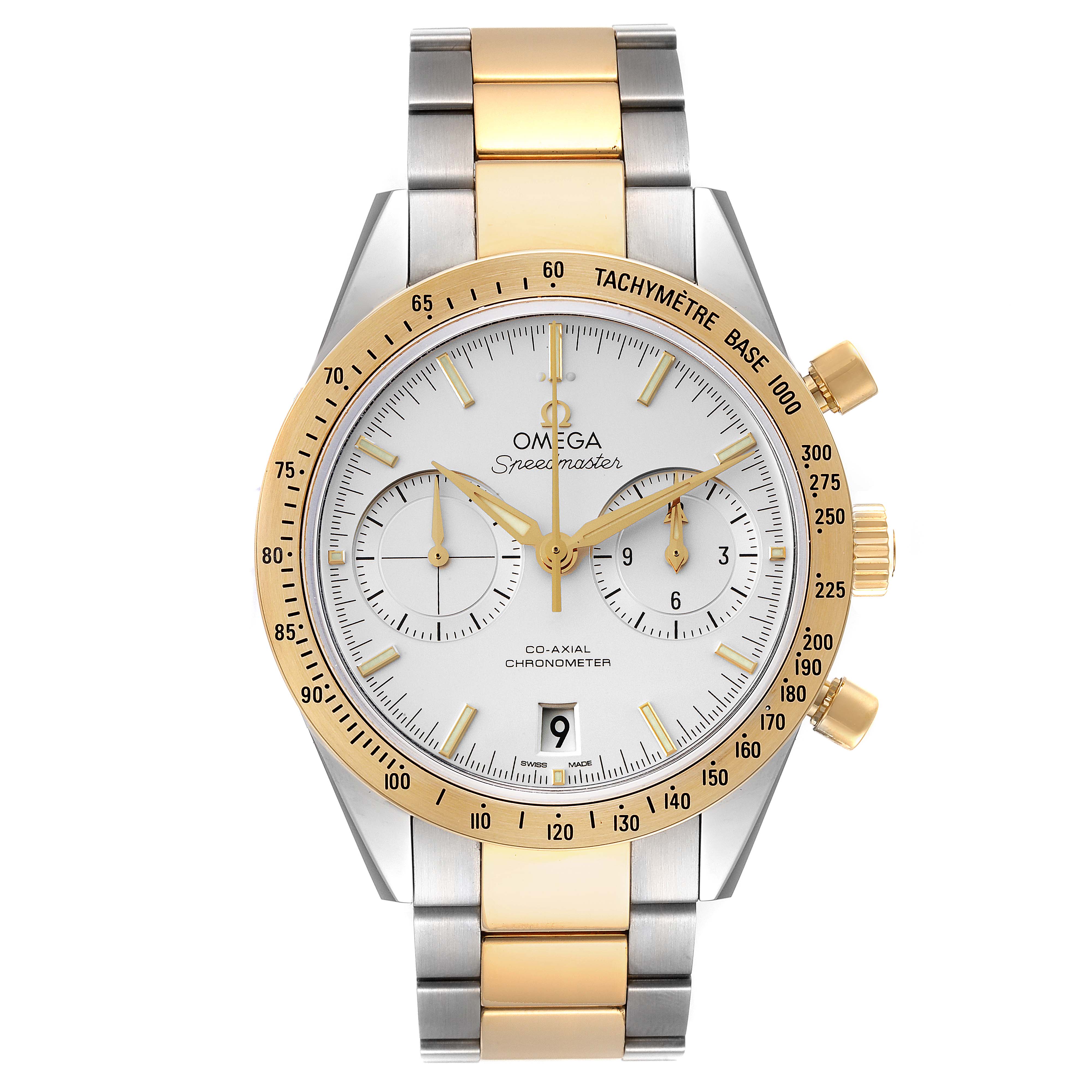 The image shows a front angle of the Omega Speedmaster 331.20.42.51.02.001 Men's Steel and Gold (two tone) Silver Dial 331.20.42.51.02.001 Men's Steel and Gold (two tone) Silver Dial, highlighting its dial, bezel, chronograph subdials, and bracelet.