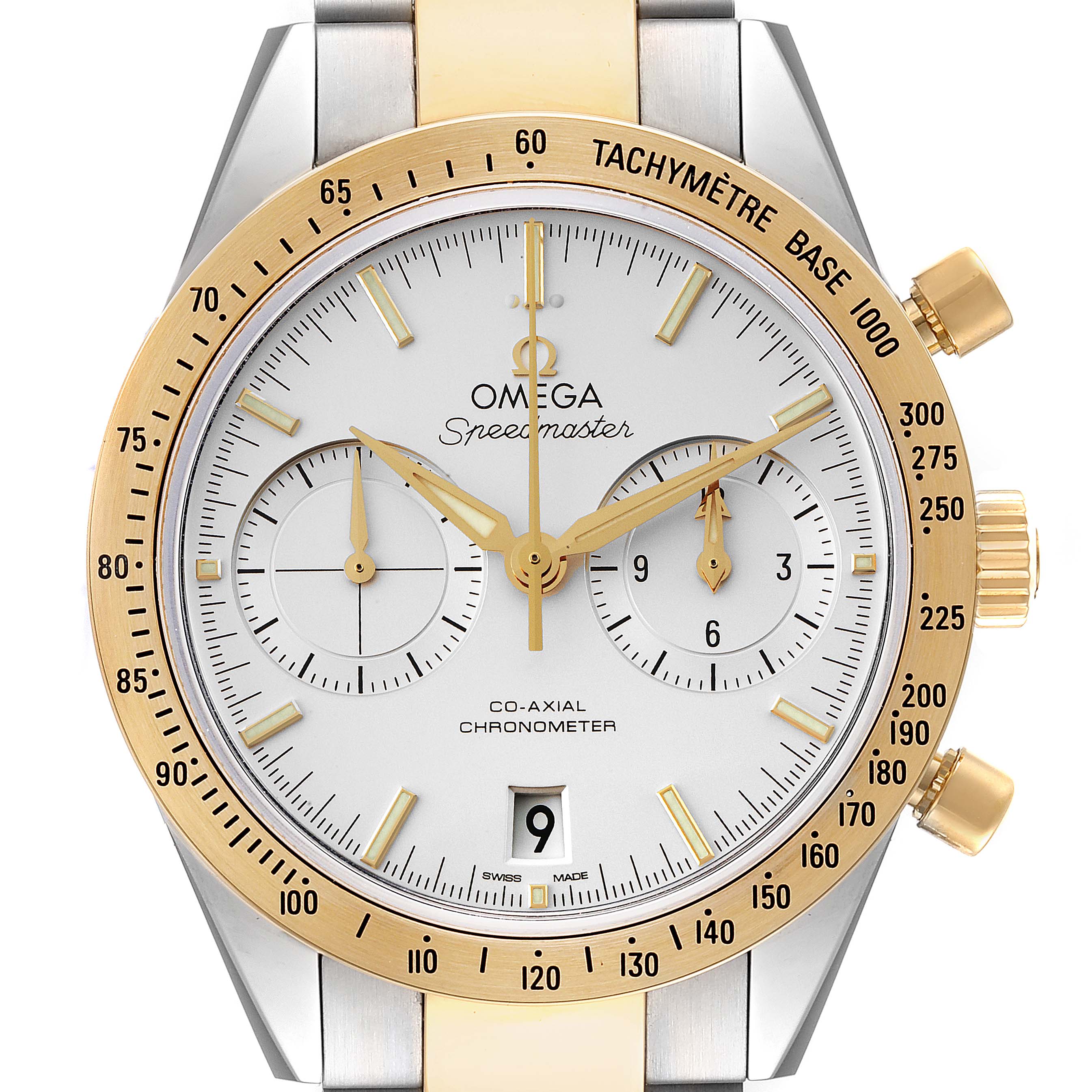 The image shows a front view of an Omega Speedmaster 331.20.42.51.02.001 Men's Steel and Gold (two tone) Silver Dial 331.20.42.51.02.001 Men's Steel and Gold (two tone) Silver Dial watch, highlighting its gold bezel, dial, and chronograph subdials.