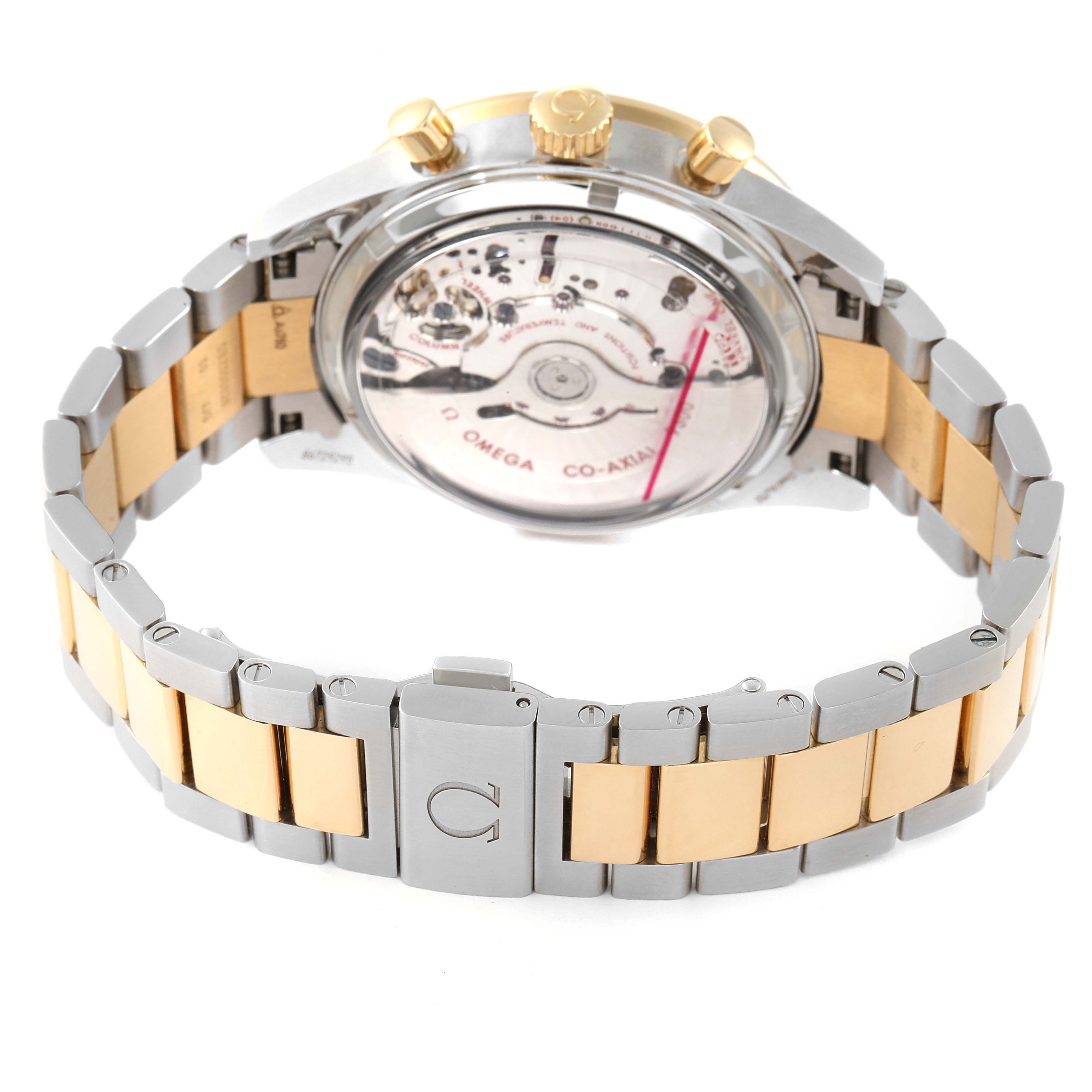 This image shows the back view of an Omega Speedmaster 331.20.42.51.02.001 Men's Steel and Gold (two tone) Silver Dial 331.20.42.51.02.001 Men's Steel and Gold (two tone) Silver Dial, highlighting its bracelet and transparent case back.